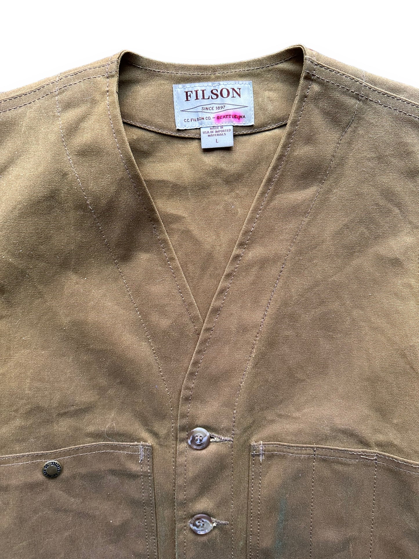 Tag View of Filson Tin Cloth Vest SZ L | Filson Bargain Outlet Seattle | Barn Owl Vintage