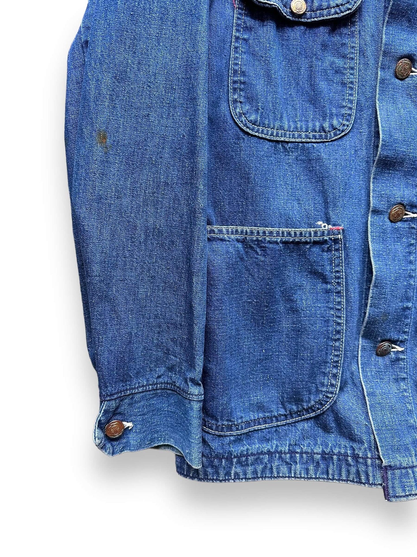 Staining on Right Arm of Vintage Blue Bell Denim Chore Coat SZ SM | Vintage Denim Chore Coat