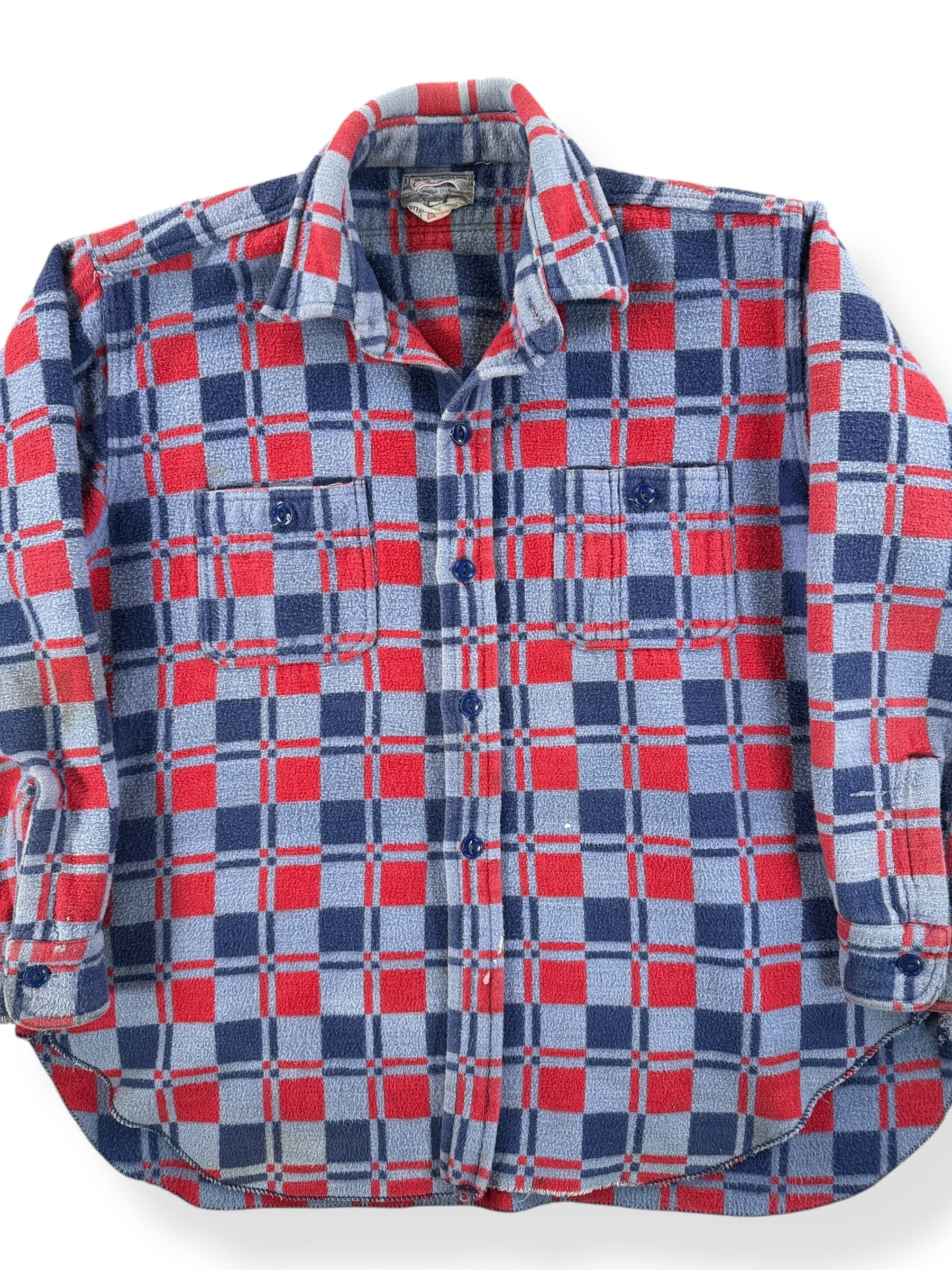 Front Close Up of Vintage Red & Blue Champion Cotton Camp Blanket Flannel SZ M