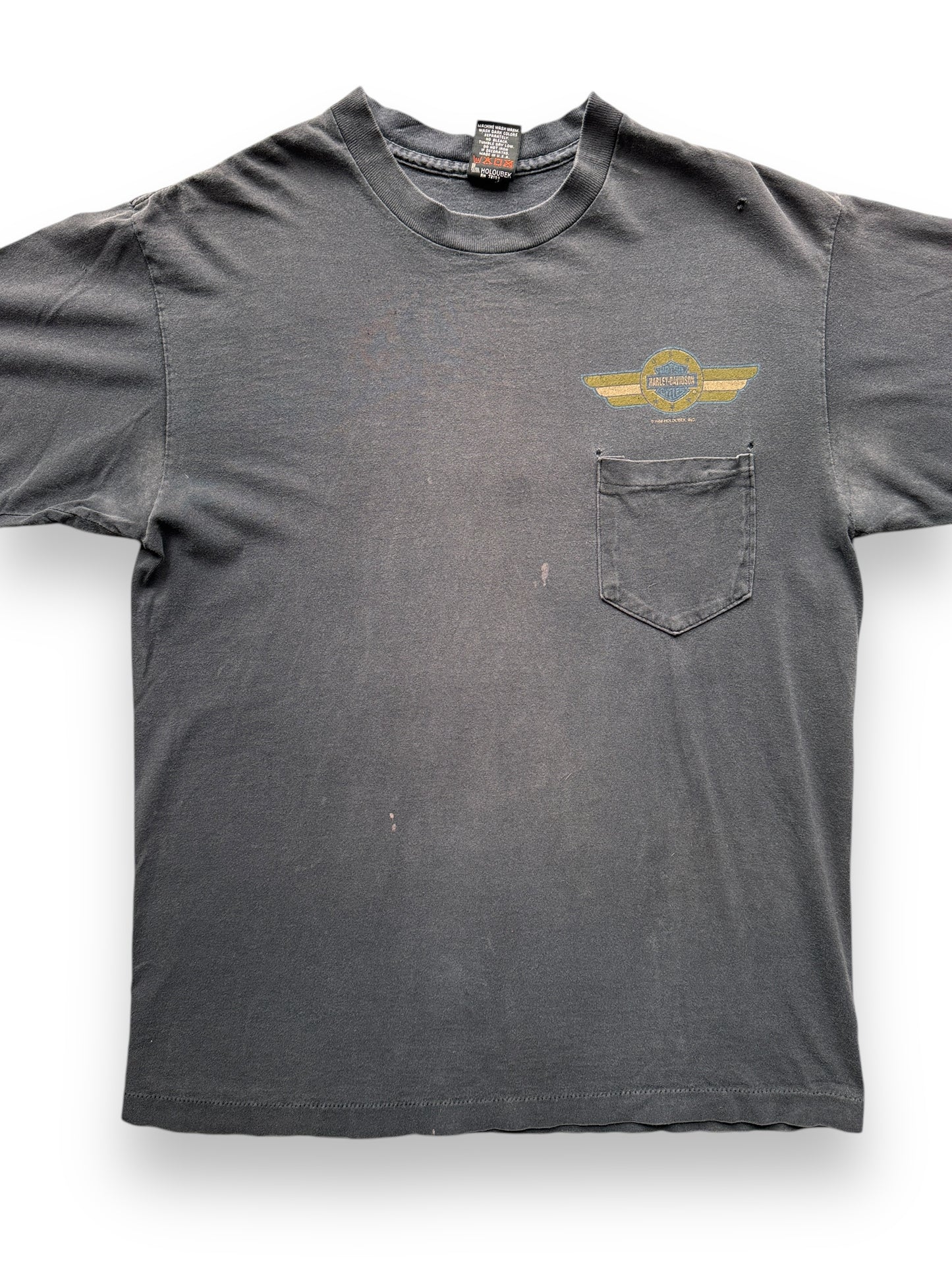 front close up of Vintage Faded Rocky Mountain Harley Pocket Tee SZ L