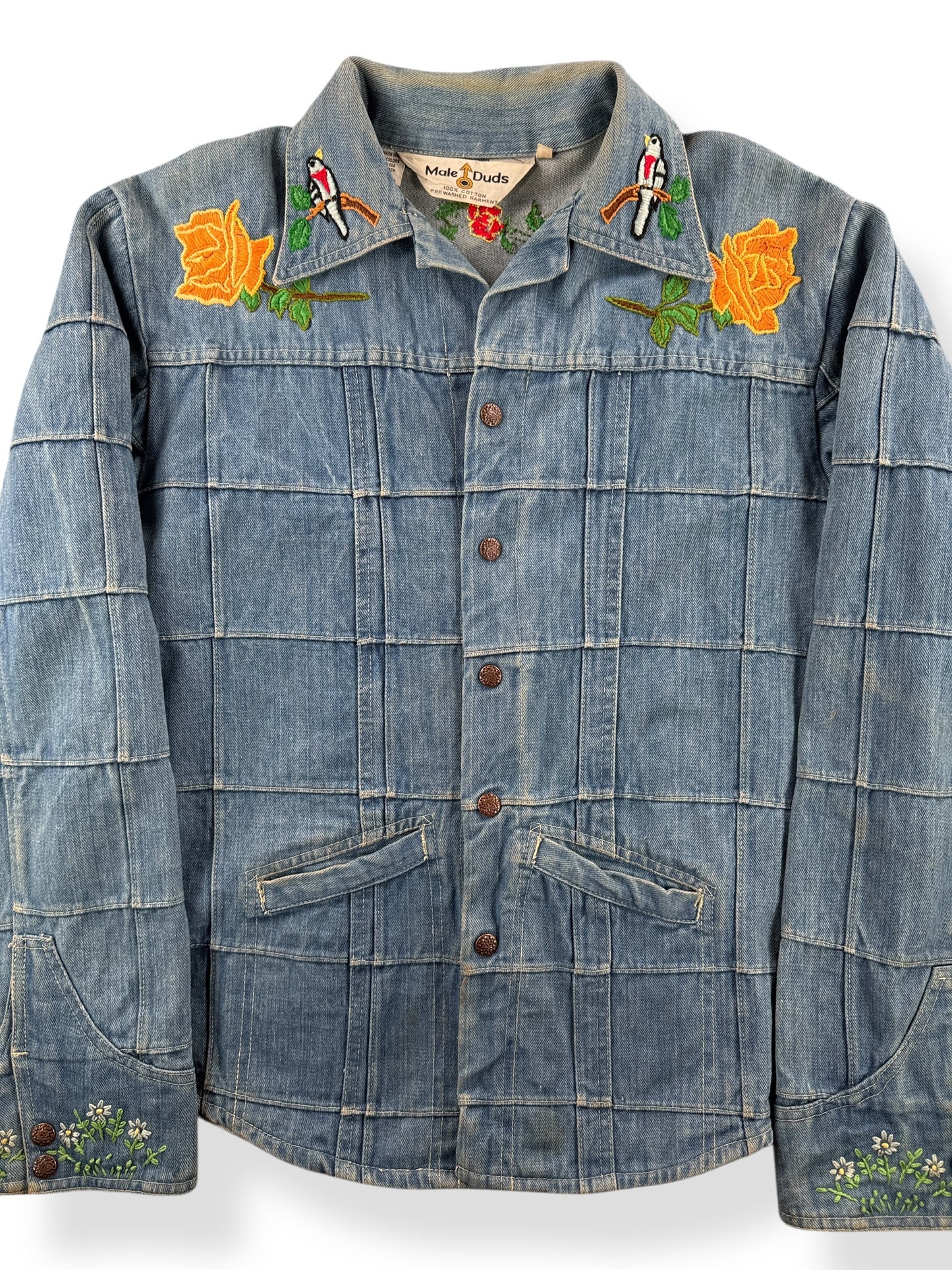 Front Close Up of Vintage Male Duds Embroidered Denim Patchwork Jacket SZ L (Fits M)