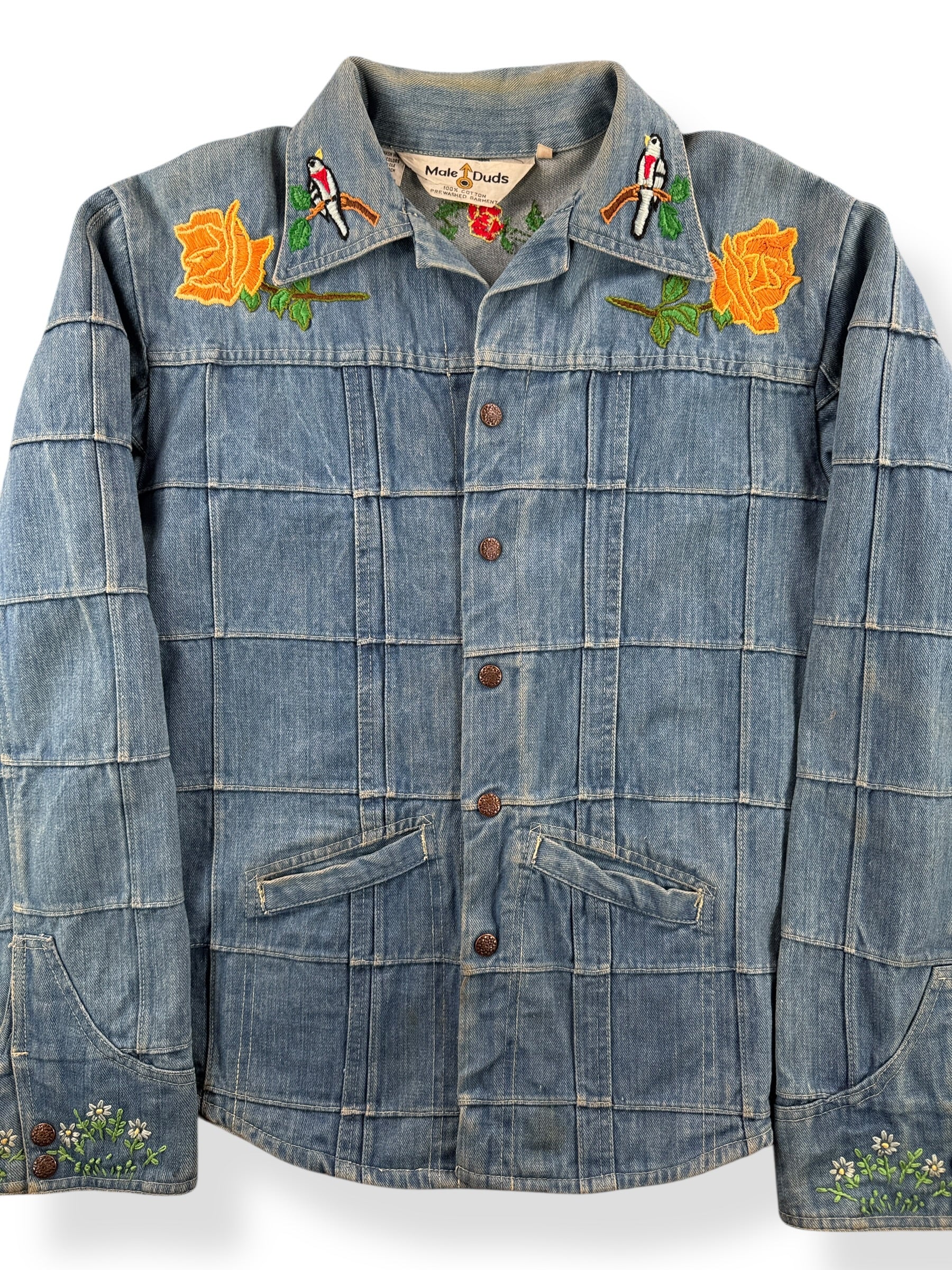 Front Close Up of Vintage Male Duds Embroidered Denim Patchwork Jacket SZ L (Fits M)