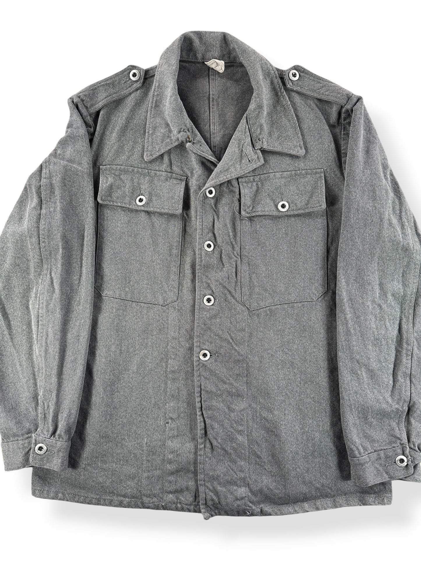 Front Close Up of Vintage Swiss Military Salt and Pepper Jacket SZ L