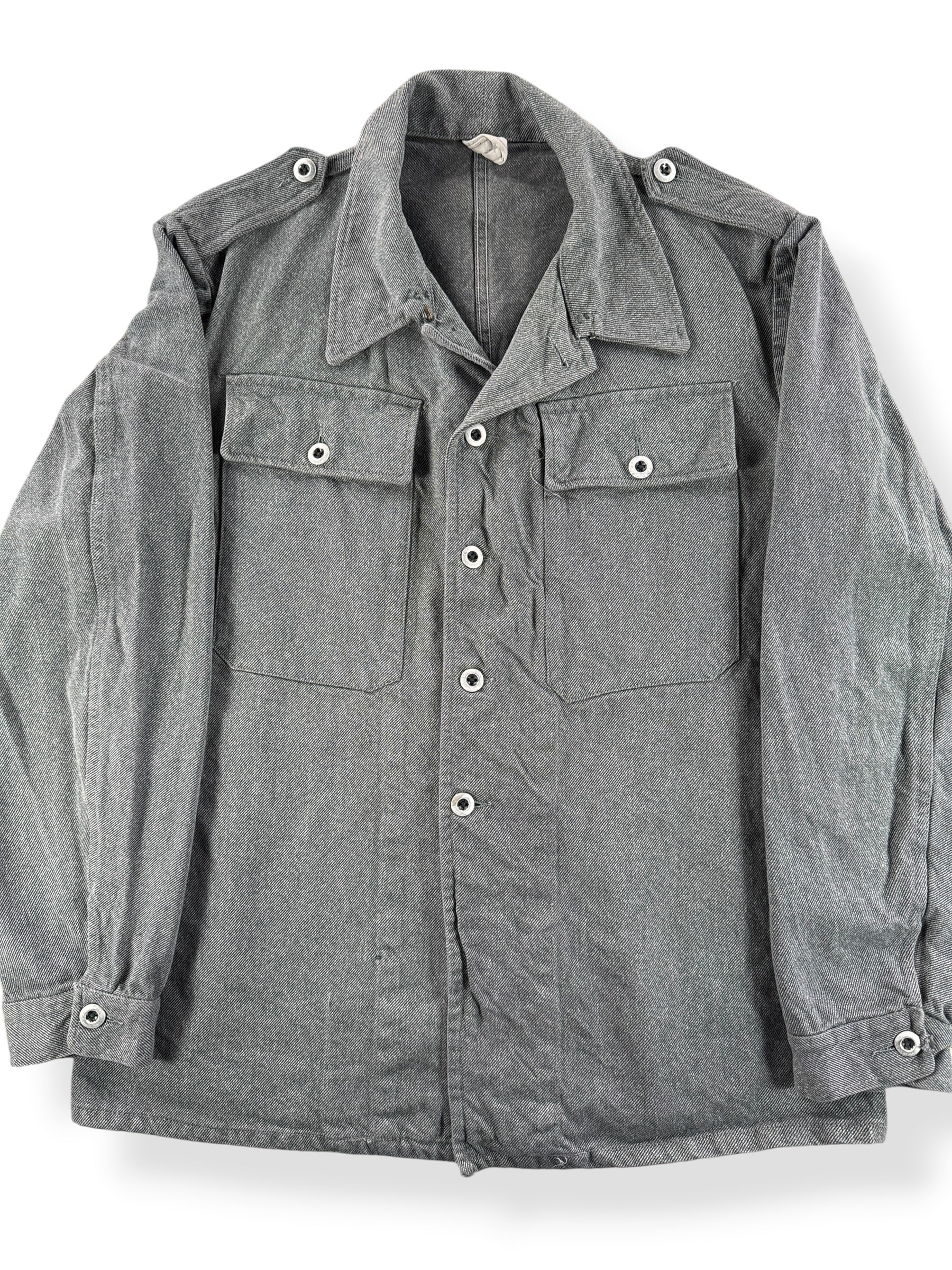 Front Close Up of Vintage Swiss Military Salt and Pepper Jacket SZ L