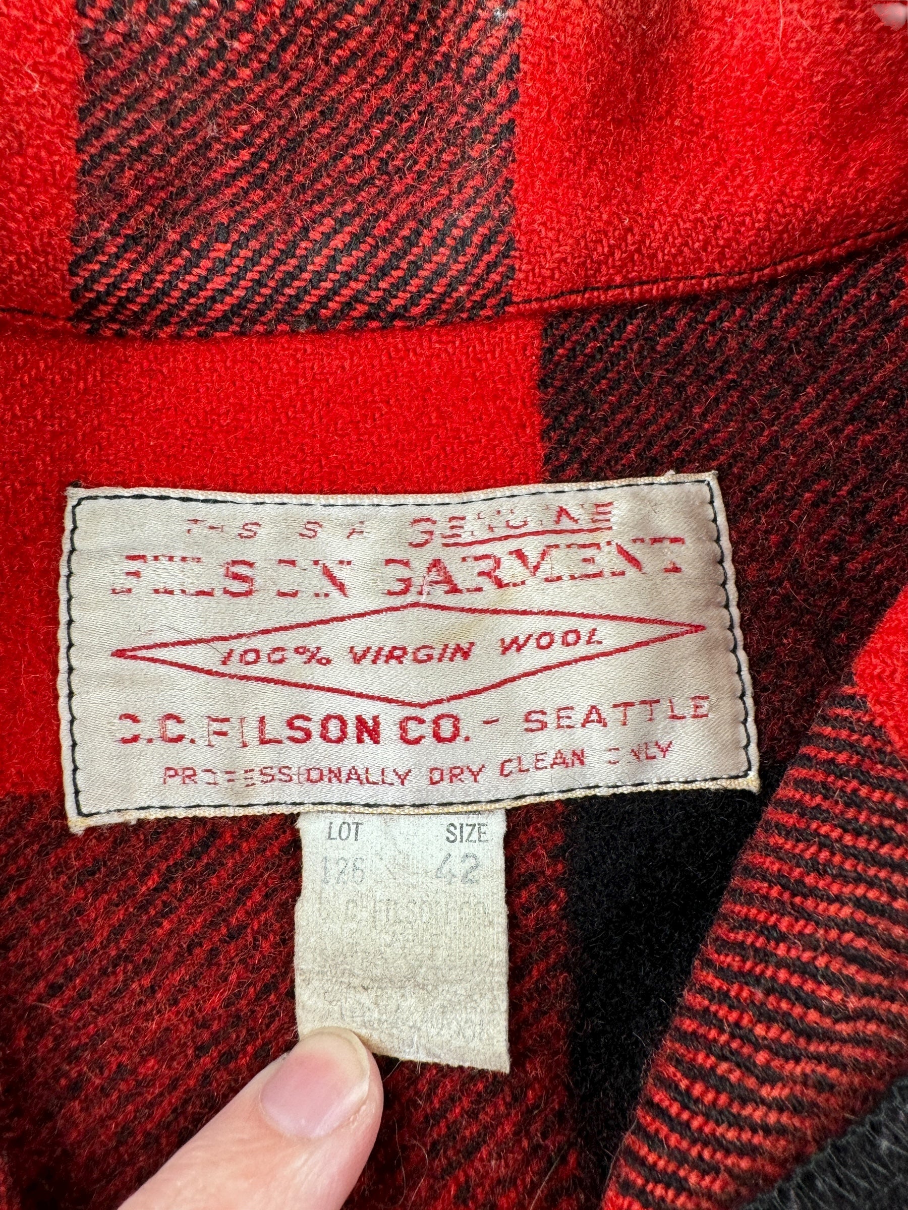 Tag on Vintage Filson Button Snap Mackinaw Jacket SZ 42