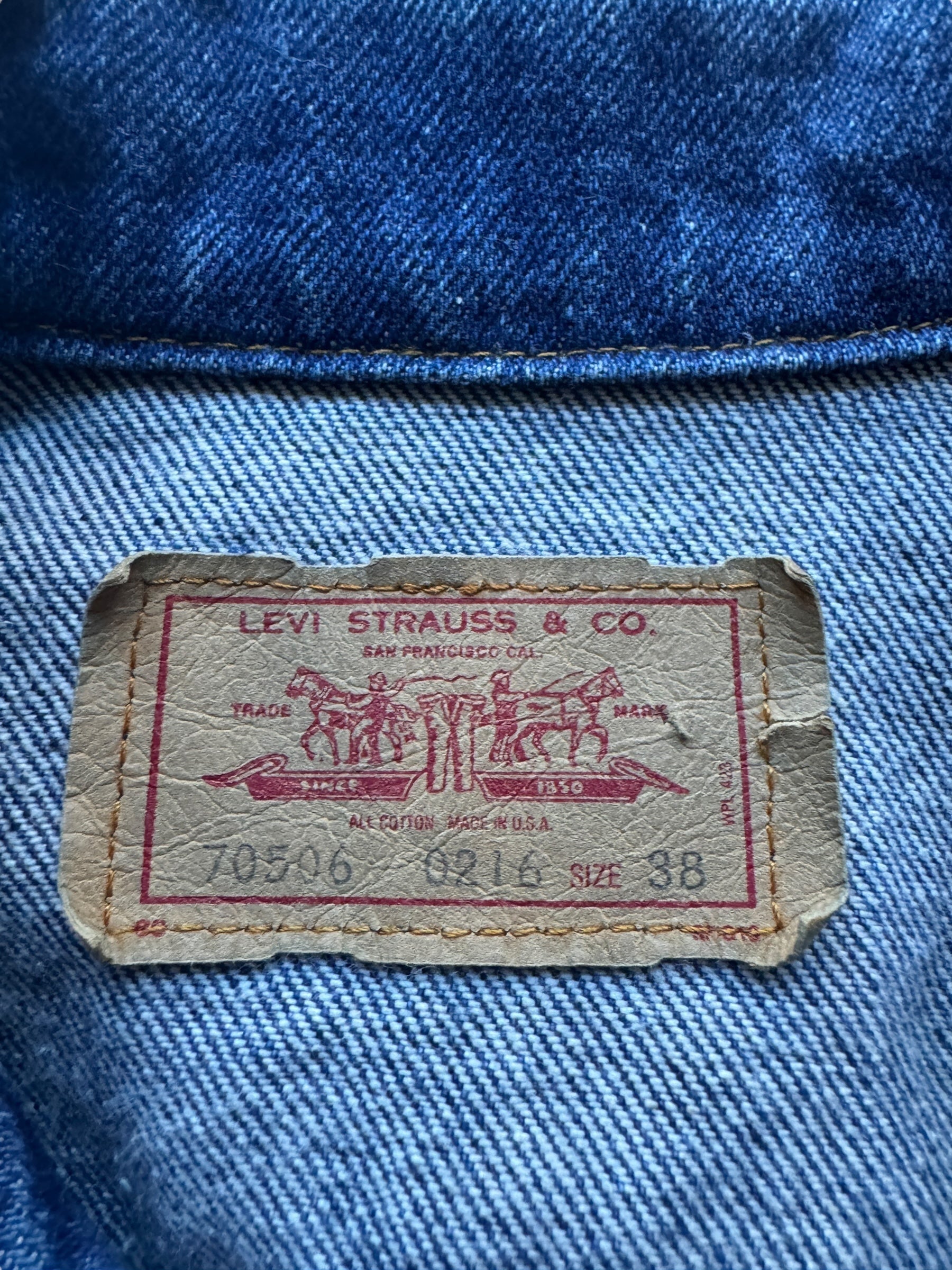 Label on Vintage Levis 4 Pocket Denim Trucker SZ 38