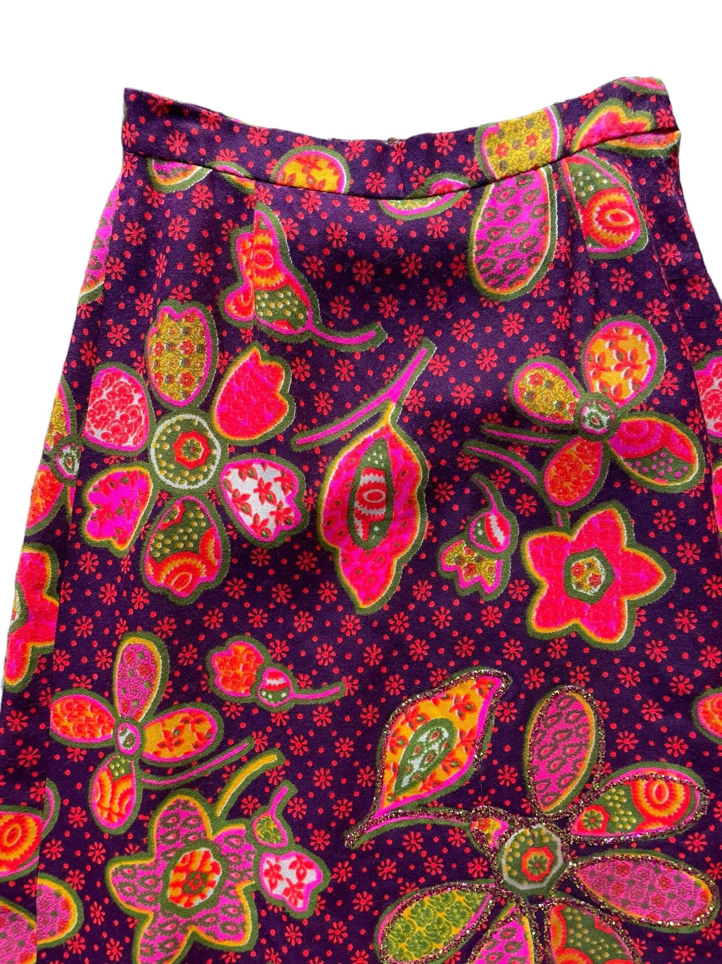Front waist view of Vintage 1960s Malbe Floral Skirt SZ M | Barn Owl Ladies Clothing | Seattle True Vintage