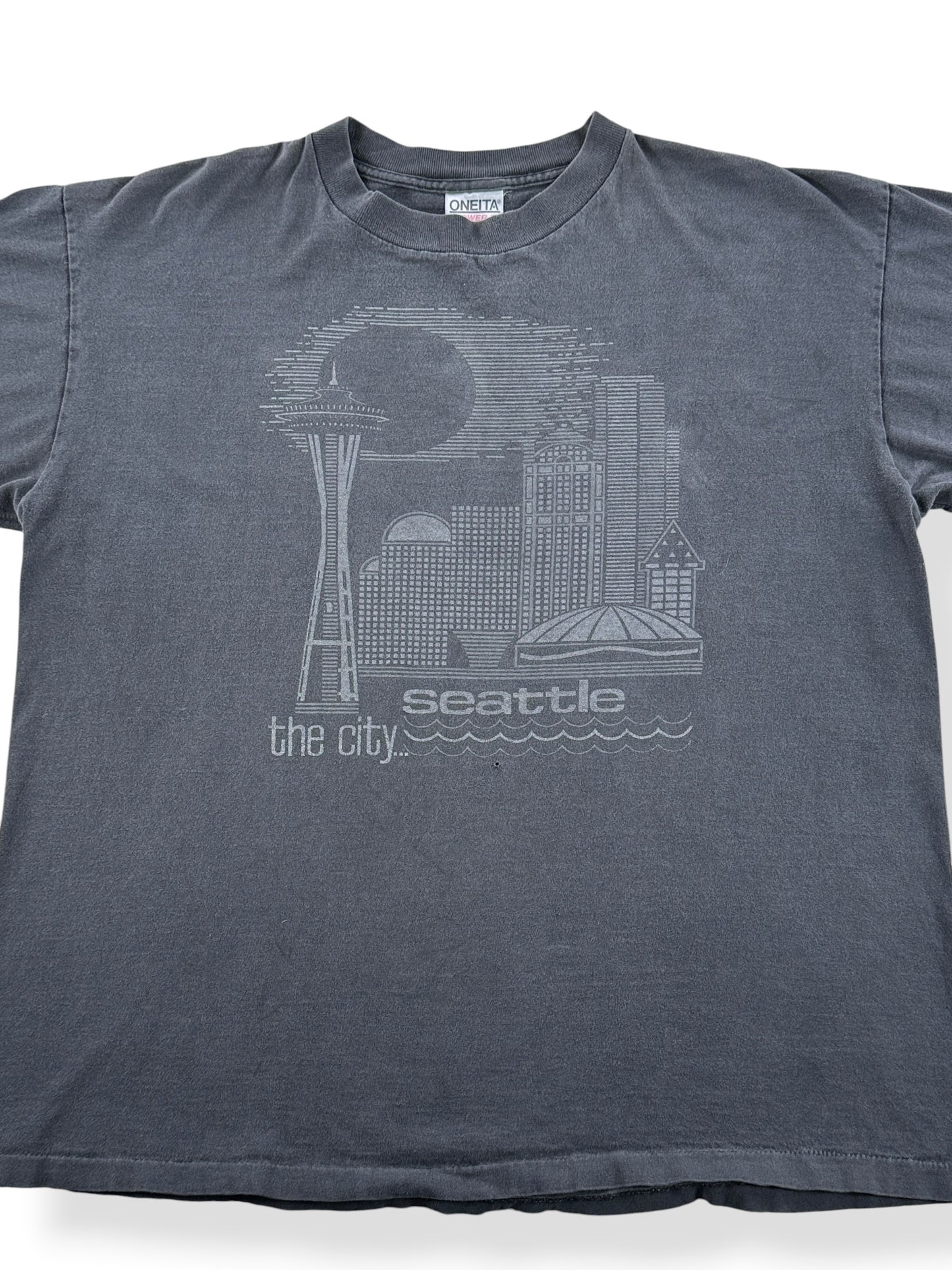 Front Close Up of Vintage Oneita Black on Black The City Seattle Tee SZ XL
