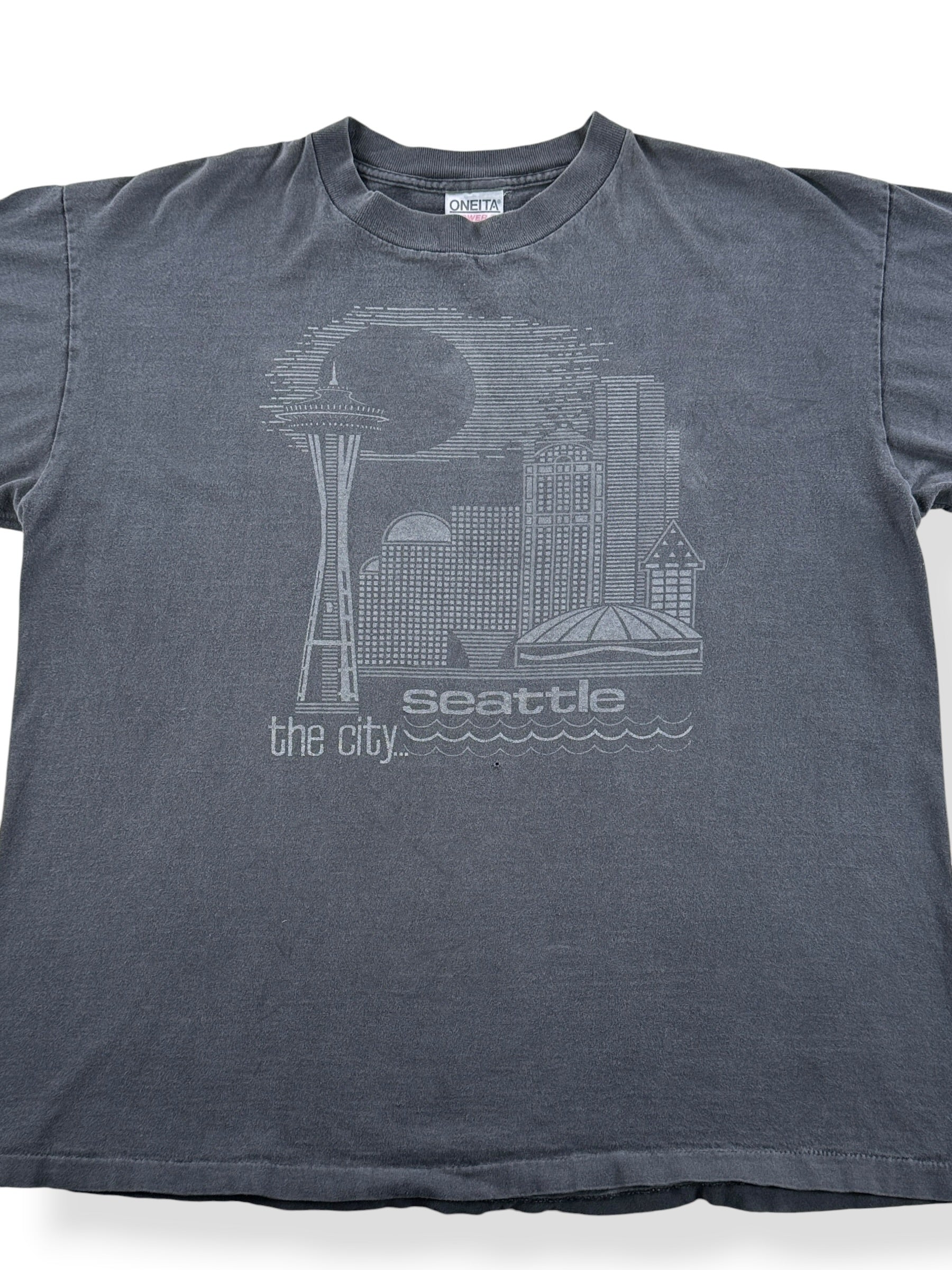 Front Close Up of Vintage Oneita Black on Black The City Seattle Tee SZ XL
