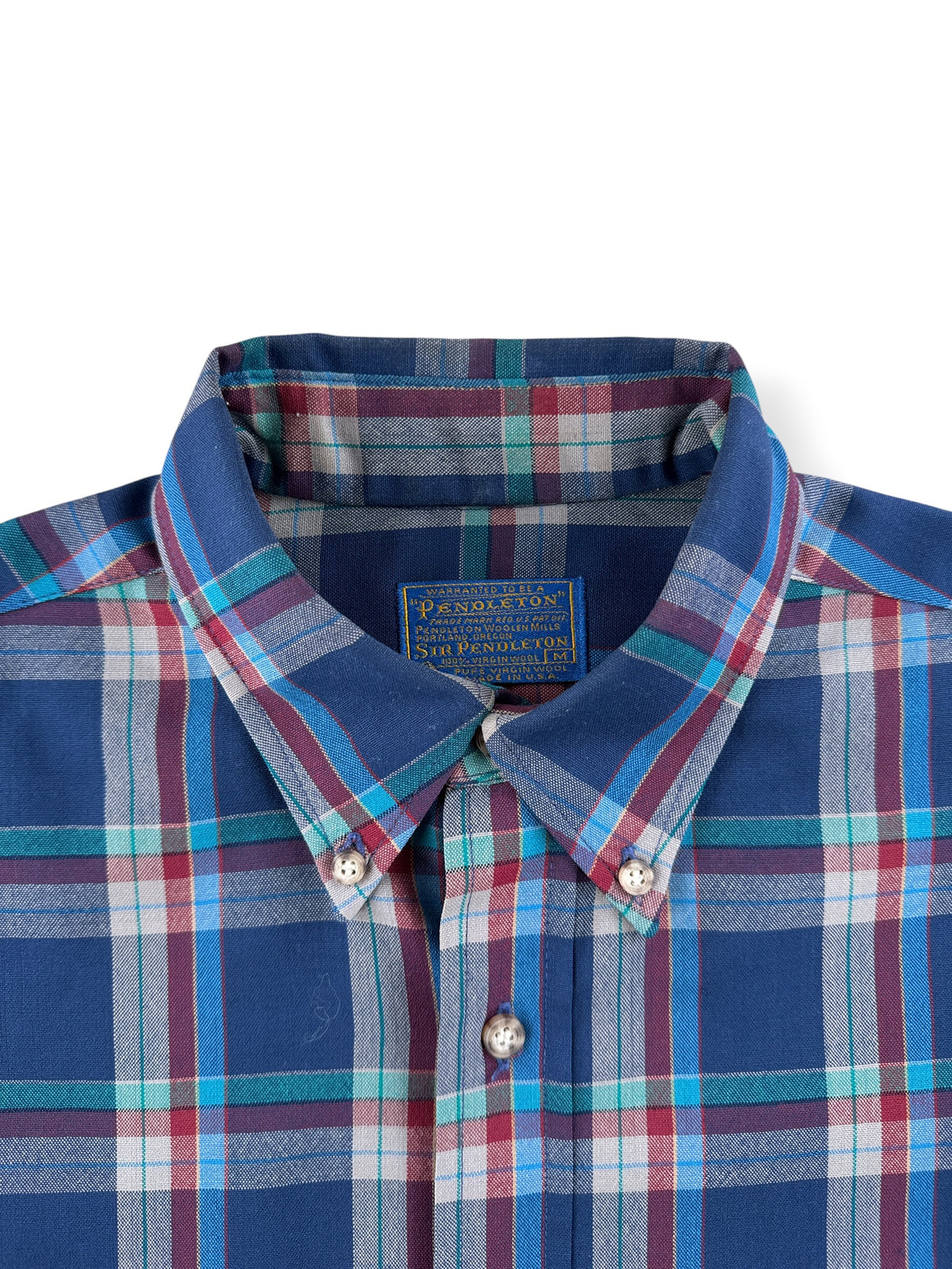 Collar on Vintage Sir Pendleton Blue Plaid Button Down SZ M