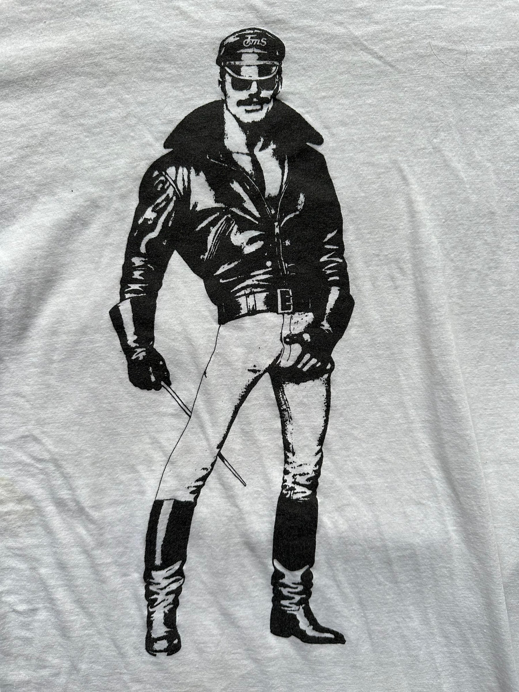 Front Graphic Detail of Vintage Tom of Finland Tee SZ L | Vintage Leather Daddy Tees Tees Seattle | Barn Owl Vintage Tees Seattle