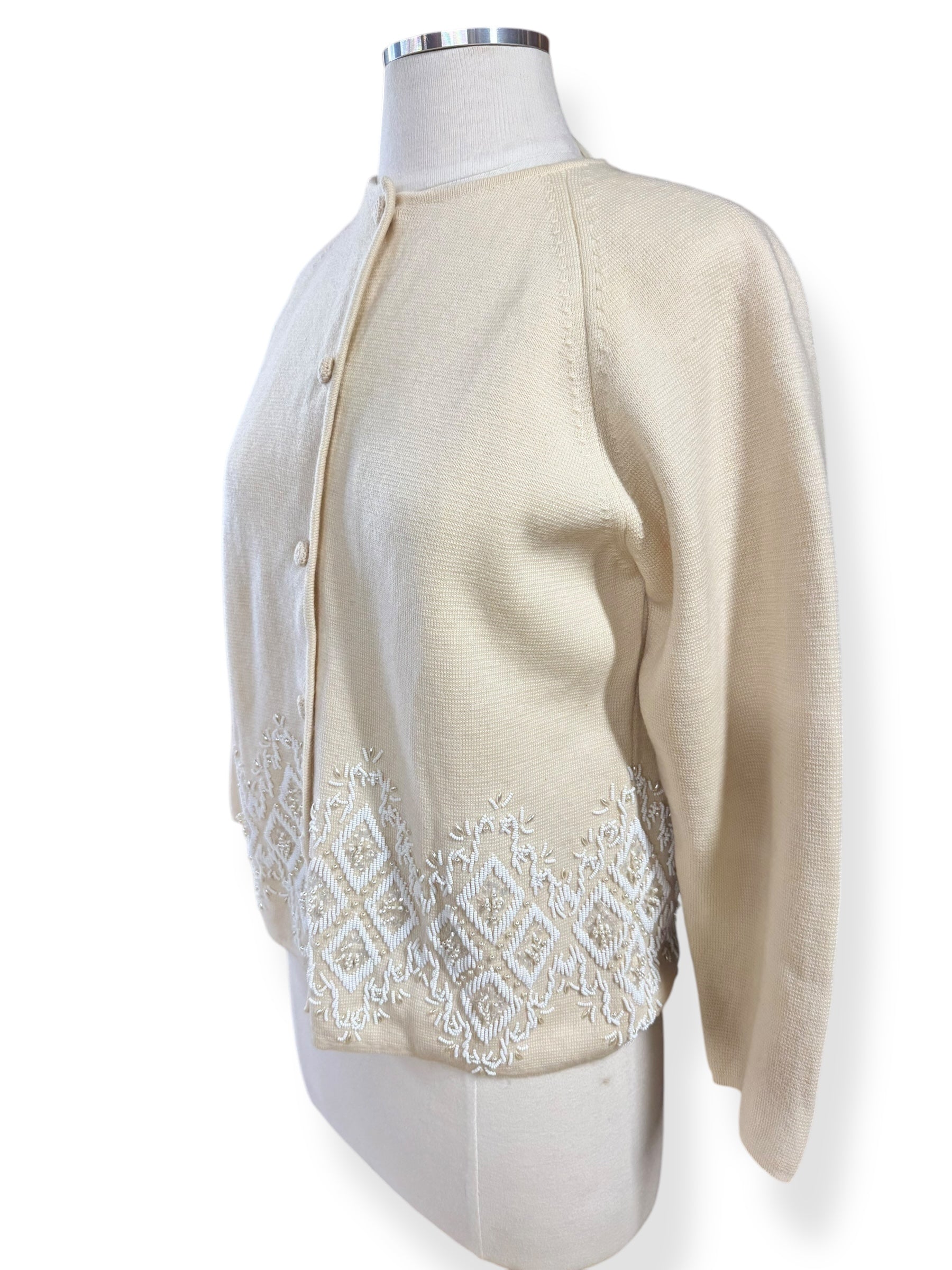 Side view of 1950s Beaded Wool Cardigan L