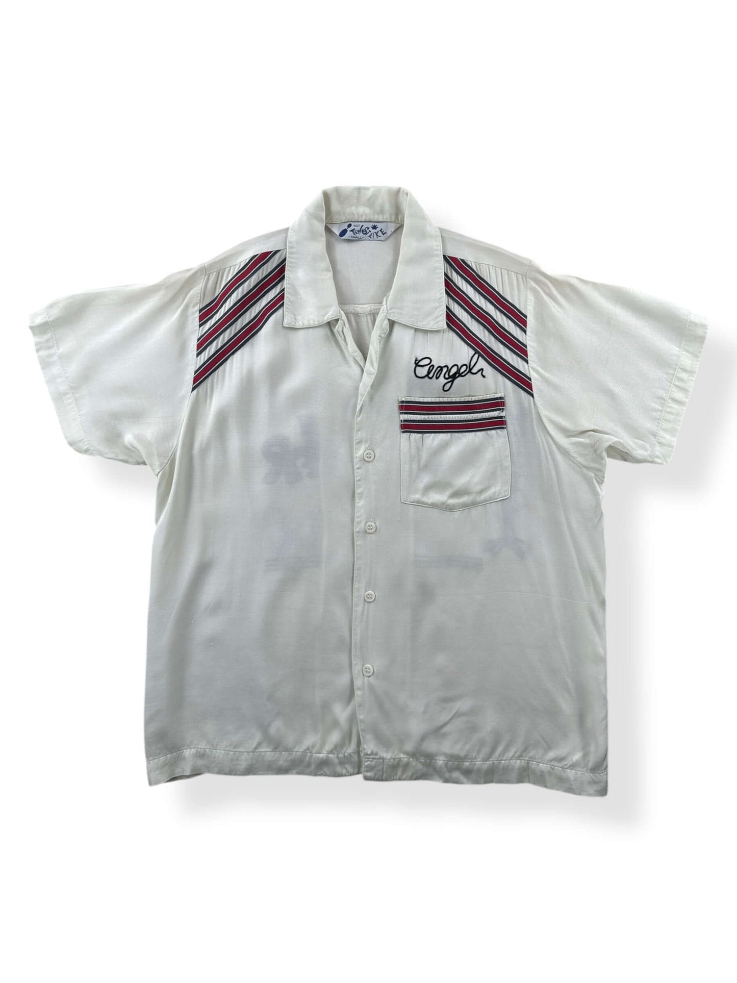 Front Close Up of Vintage Rayon Chainstitched Roadrunner Bowling Shirt SZ S