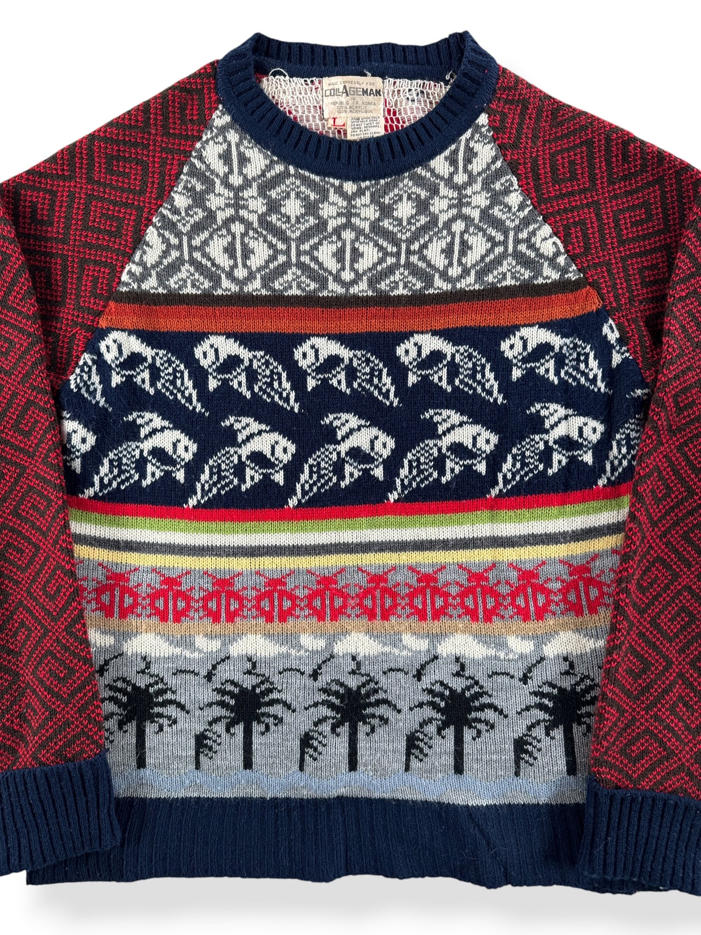 Front Close Up of Vintage Collageman Novelty Sweater SZ L