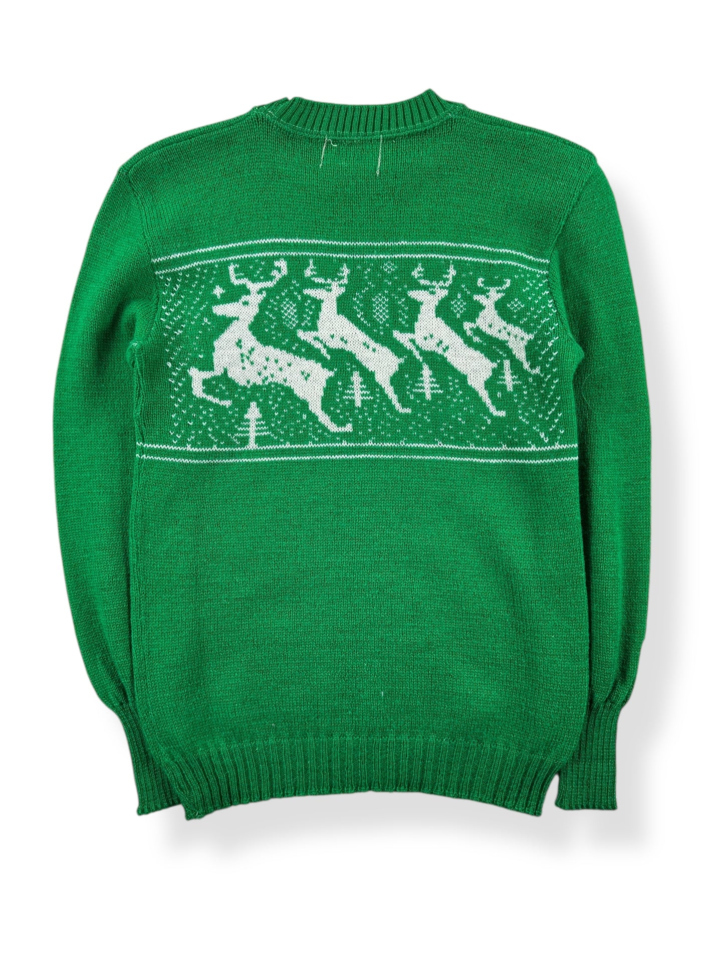 Back of Vintage Spuncraft Green Wool Reindeer Ski Sweater SZ XXS