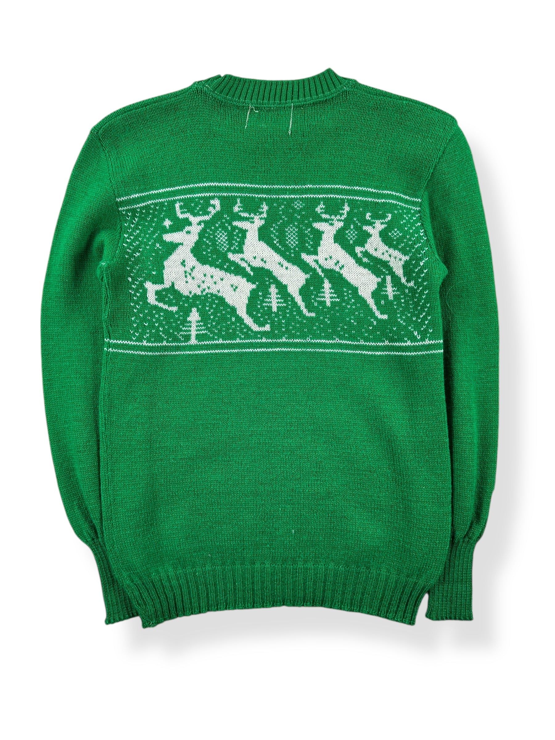 Back of Vintage Spuncraft Green Wool Reindeer Ski Sweater SZ XXS