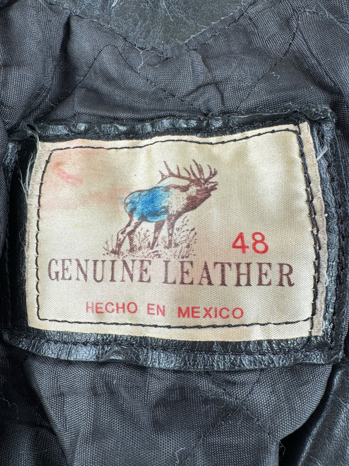 Label on Vintage Made in Mexico Leather Biker Jacket SZ 48