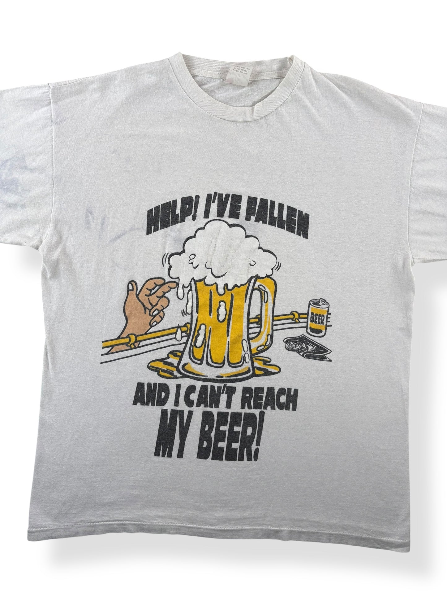Front Close Up of Vintage Help I've Fallen Beer Tee SZ XL (Fits L)