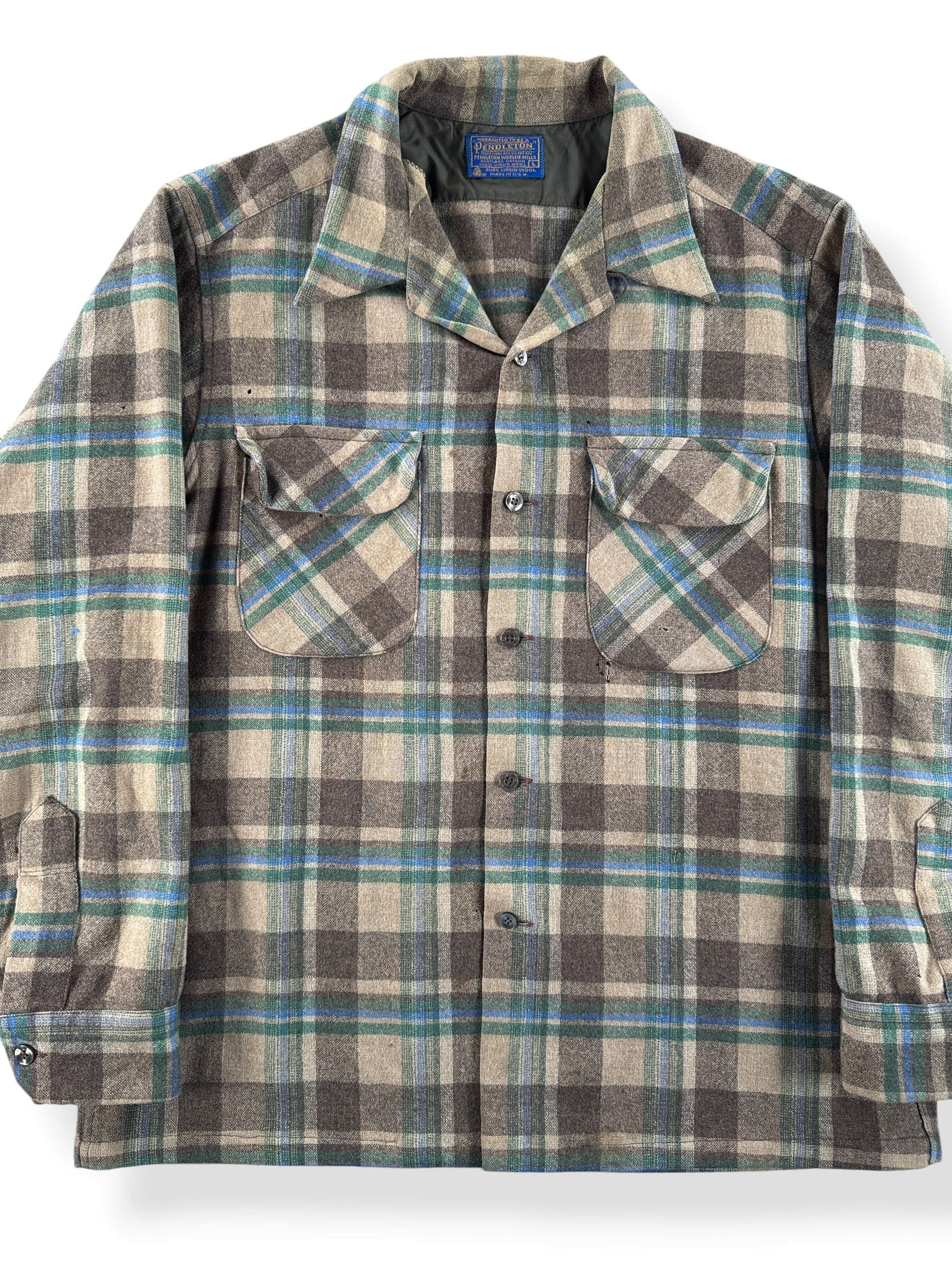 Front Close Up of Vintage Brown & Green Pendleton Board Shirt SZ L - AS IS