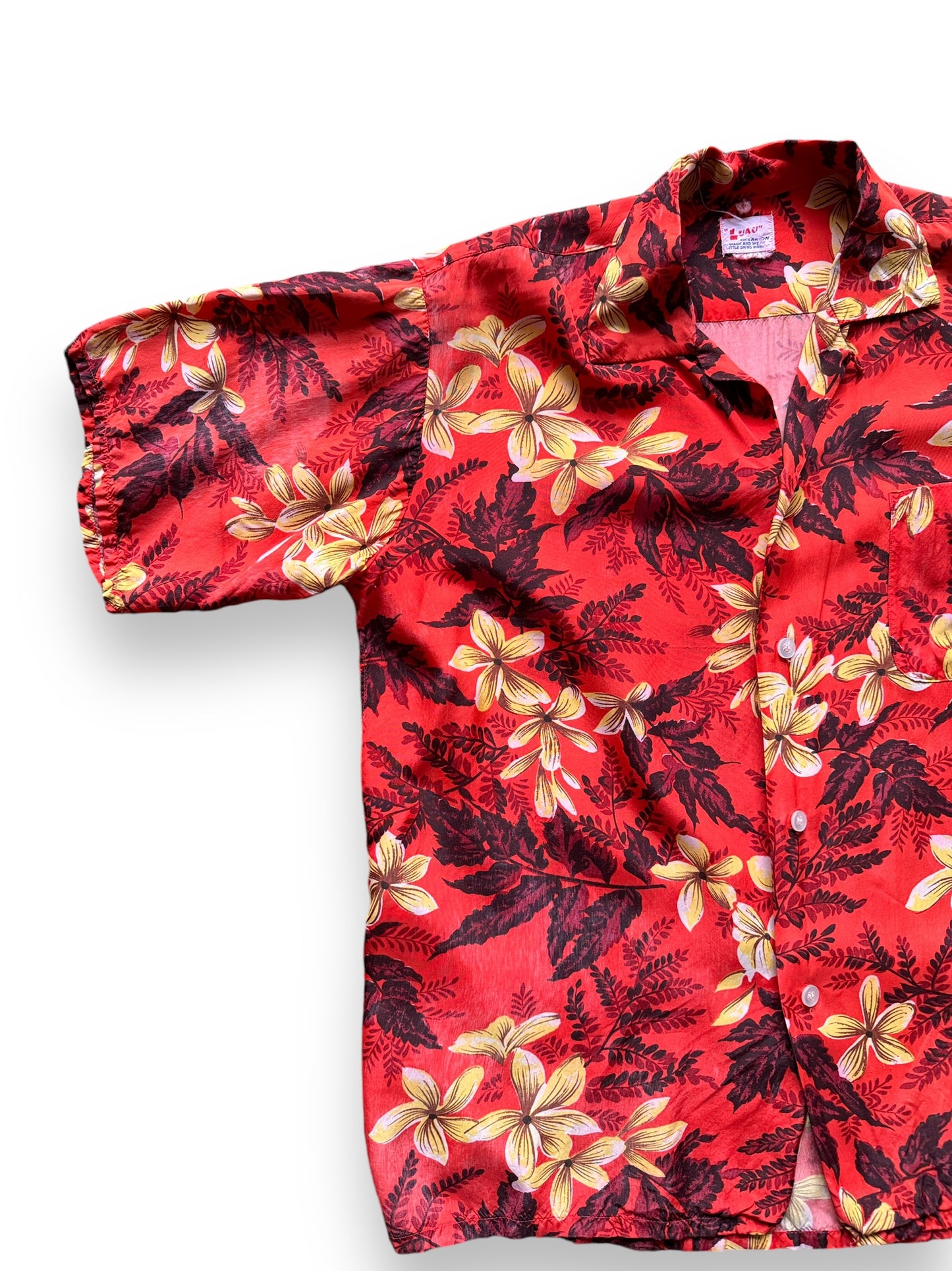 front right of Vintage Luau Red Floral Aloha Shirt SZ M-L