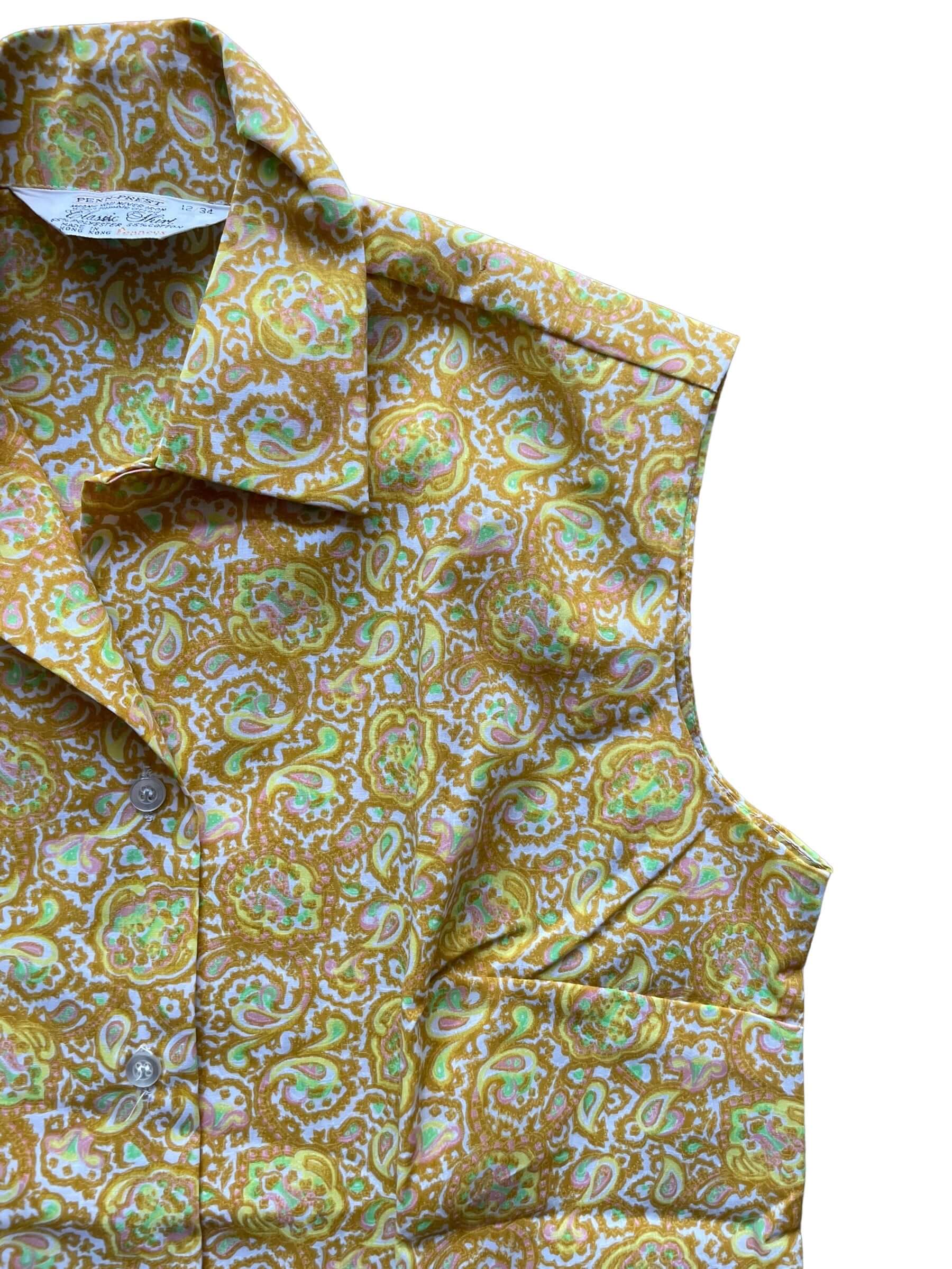 Front left shoulder view of1960s Paisley Sleeveless Penney's Classic Shirt M-L