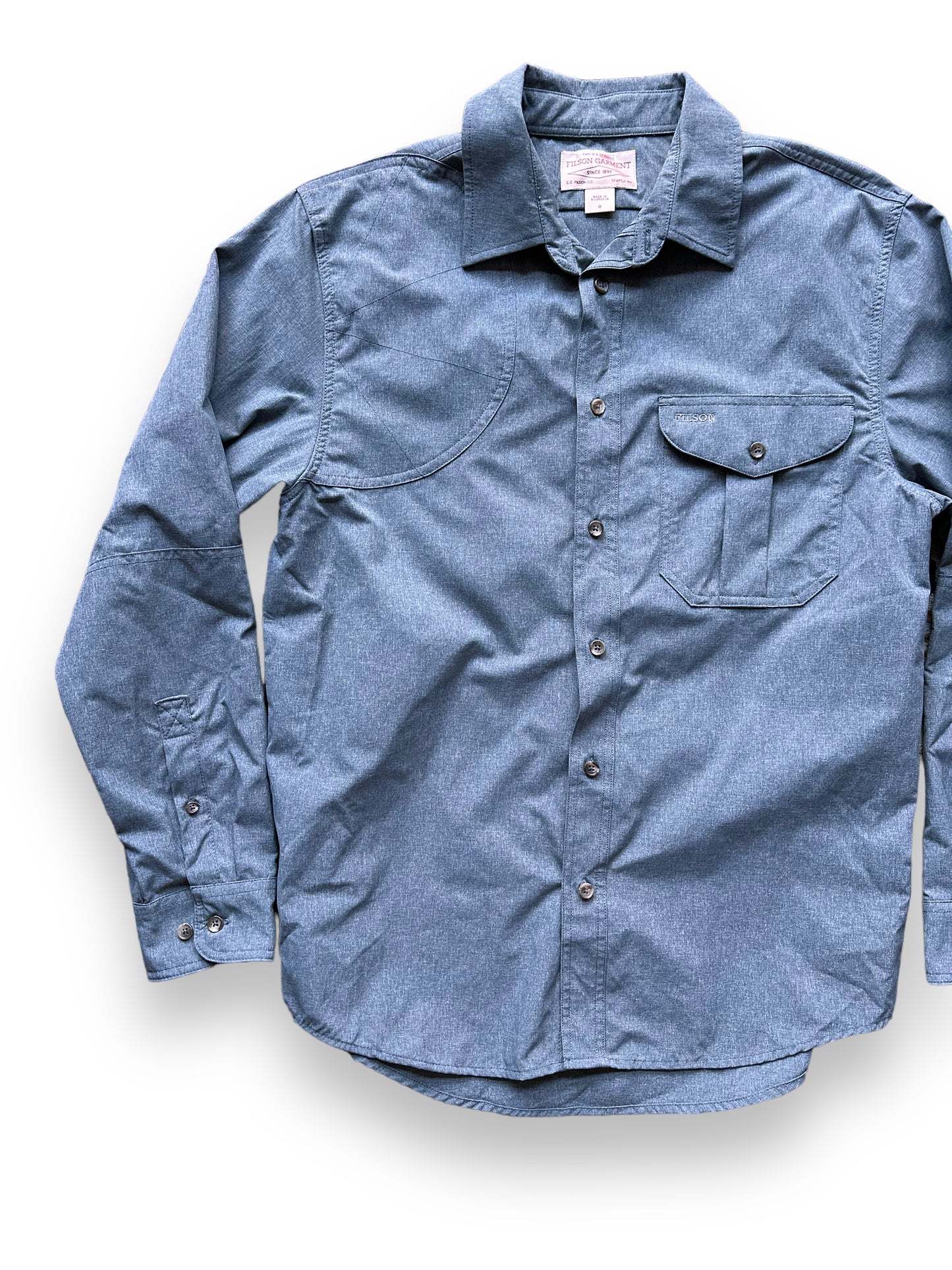 Front Right View of Filson Carbon Blue Right Handed Shooting Shirt SZ M |  Barn Owl Vintage Goods | Vintage Filson Workwear Seattle