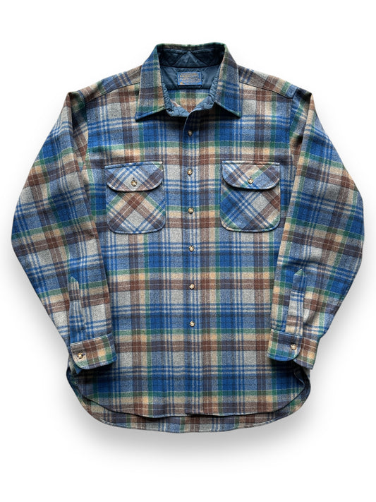 front of Vintage Pendleton Blue/Green/Brown Plaid Flannel SZ L