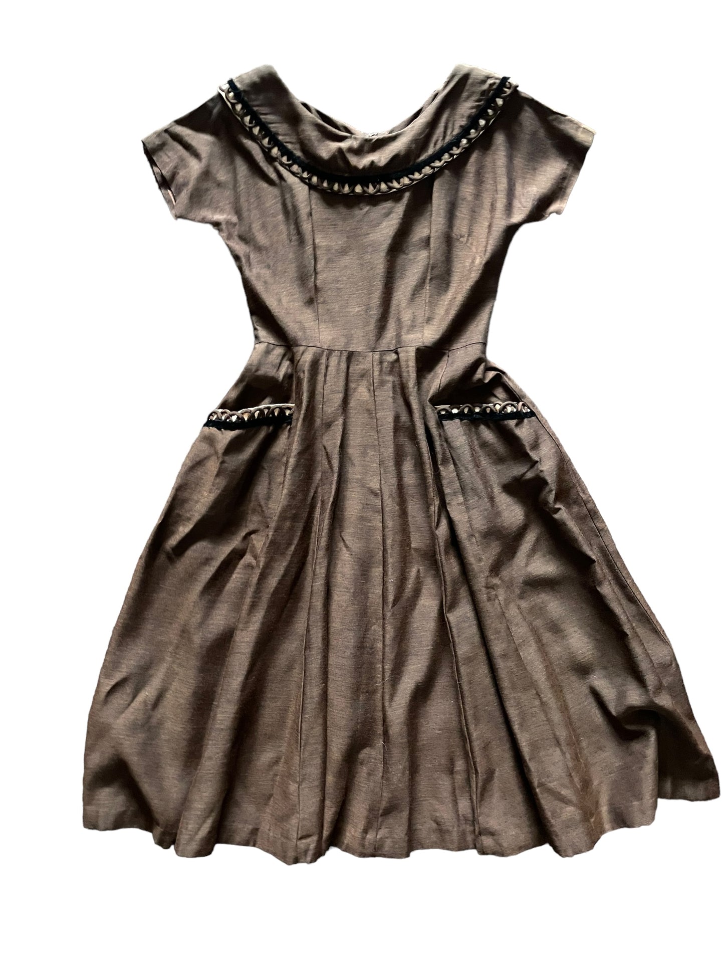 Full front view of Vintage 1950s Brown Dress With Velvet Trim SZ S |  Barn Owl Vintage Dresses | Seattle Vintage Ladies Clothing