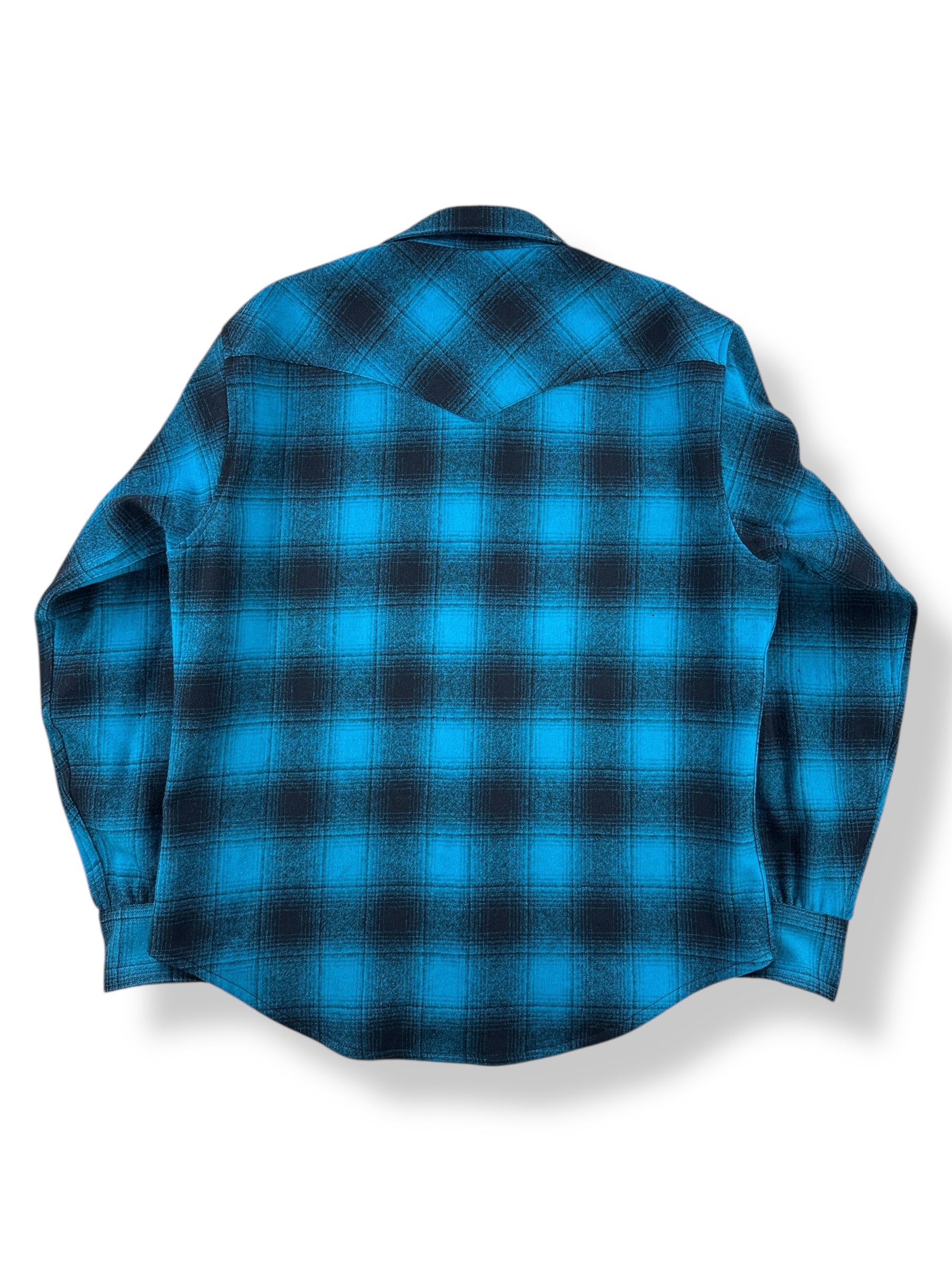 Back of Vintage Pendleton Turquoise Shadow plaid Pearlsnap Flannel SZ L