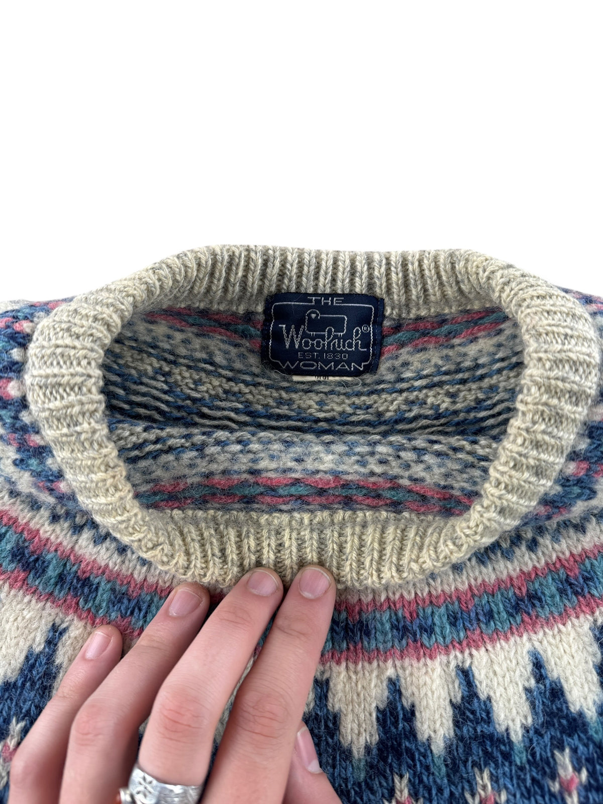 Tag and collar on Vintage 1980s Woolrich Woman's Norwegian-style Sweater SZ L