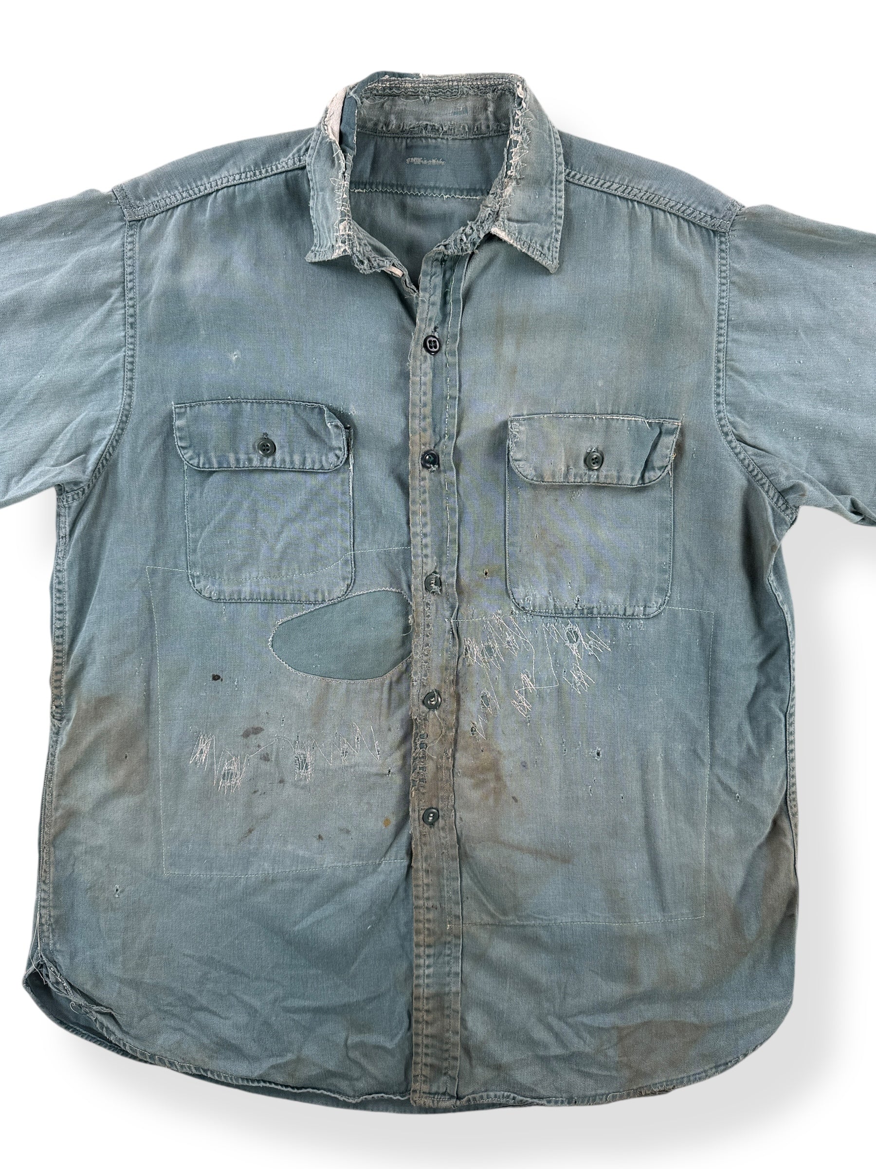 Front Close Up of Vintage Thrashed Hand Repaired Work Shirt SZ L