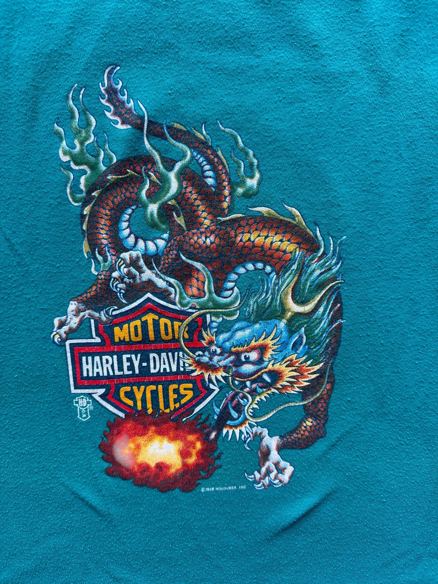 Front Graphic of Vintage Boatneck Holoubek Harley Davidson Dragon Tee SZ M