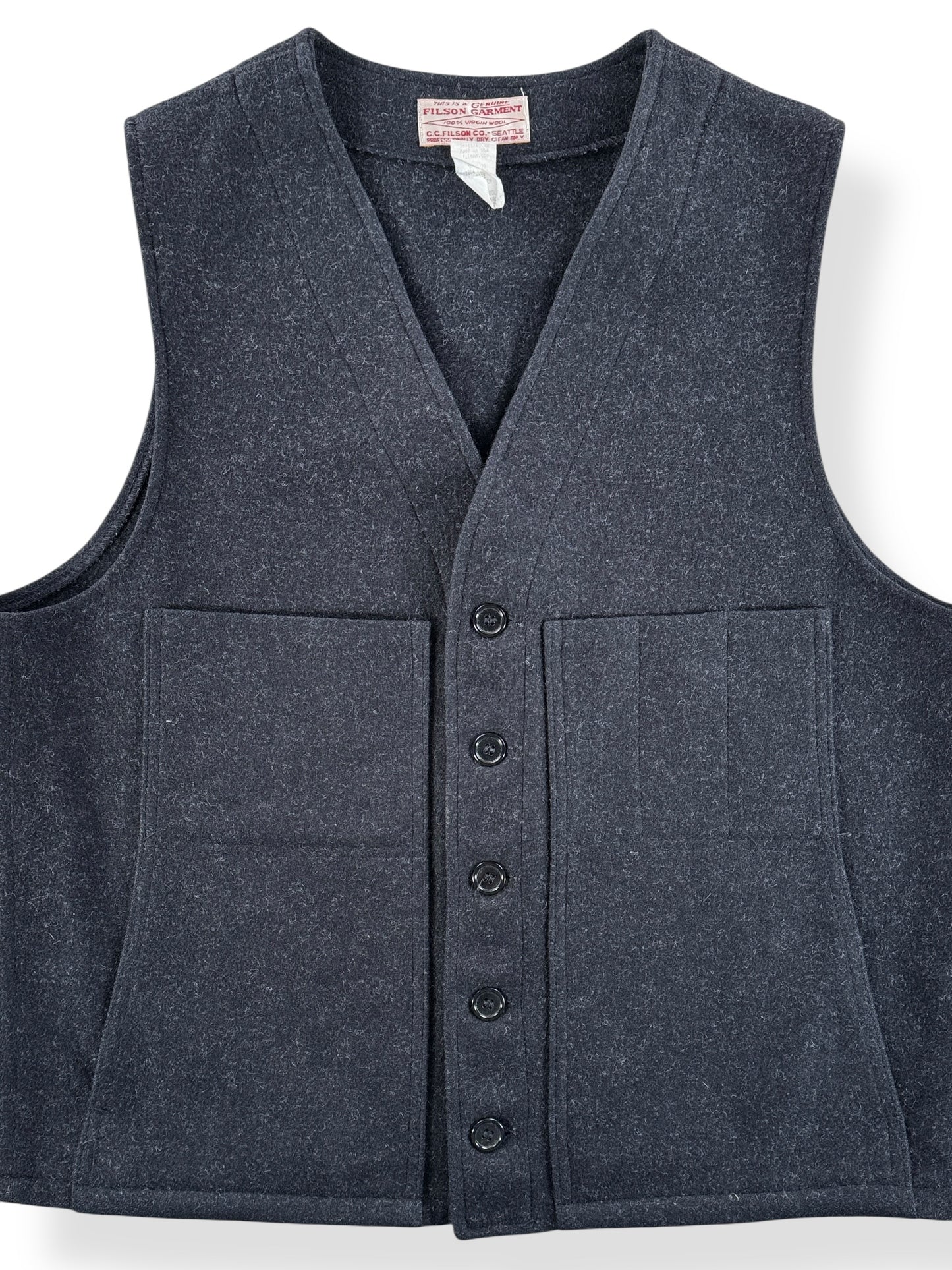 Front Close Up of Vintage Filson Black Style 20 Wool Vest SZ 44