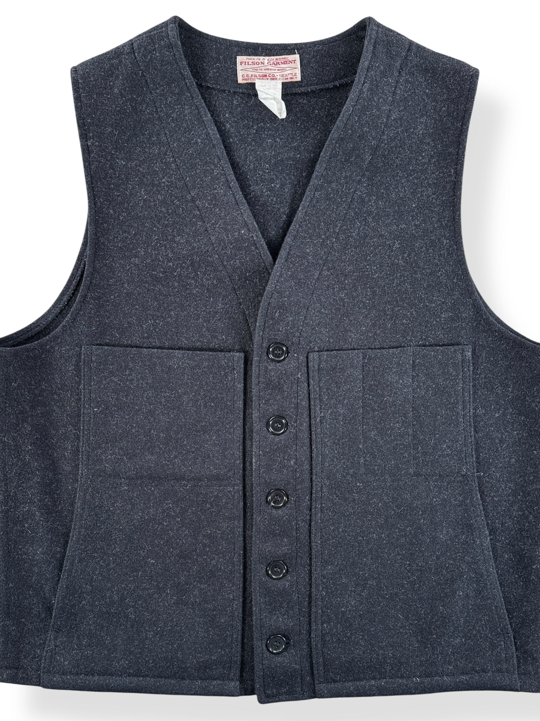 Front Close Up of Vintage Filson Black Style 20 Wool Vest SZ 44