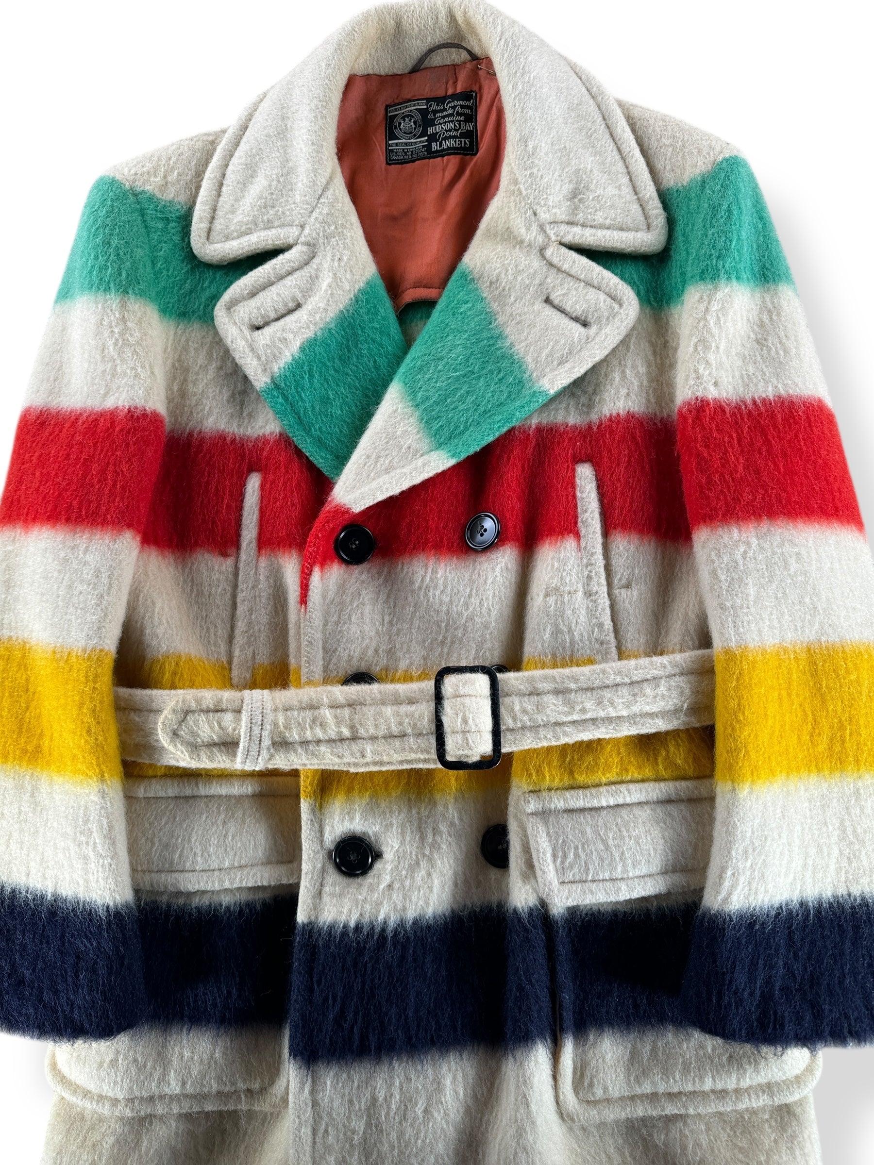 Front Close Up of Vintage Hudson's Bay Blanket Coat SZ L