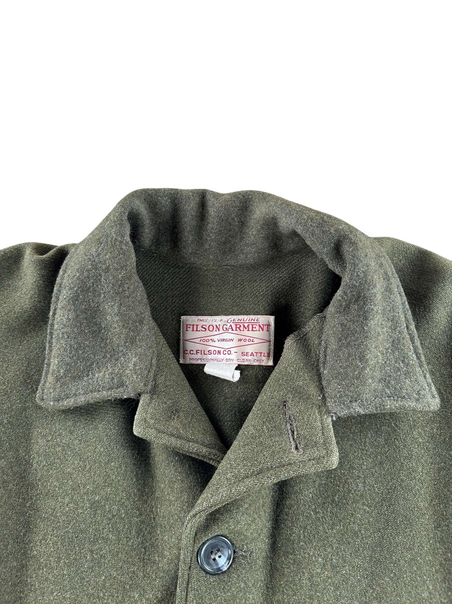 Collar on Vintage 90s Era Repaired Filson Olive Green Double Mackinaw Jacket SZ 46