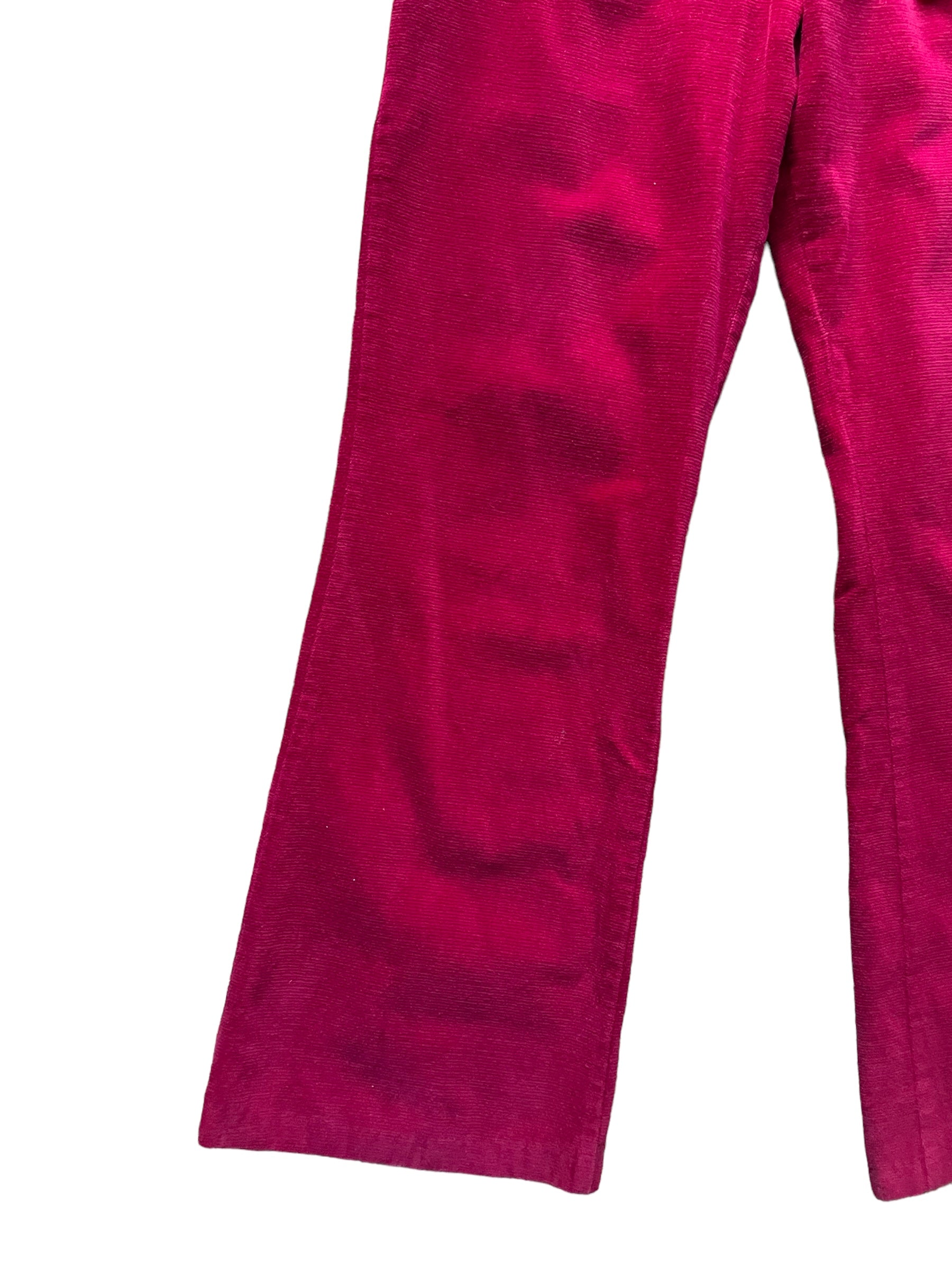 Front right leg of Vintage 1970s Red Velvet Bell Bottoms sz S | Barn Owl Vintage Seattle | Vintage 70s Pants