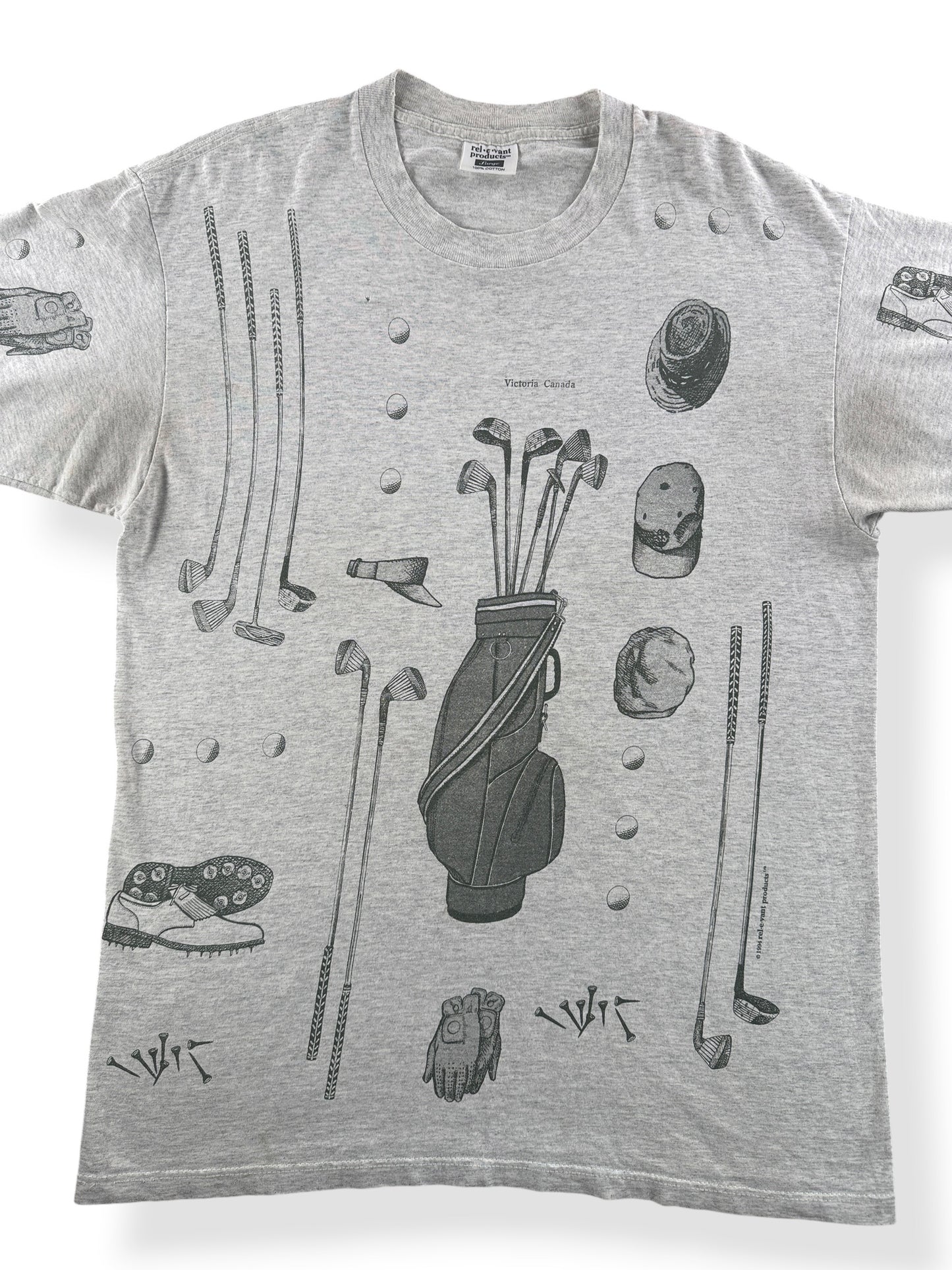 Front Close Up of Vintage Rel-e-vant Golf AOP Tee SZ L