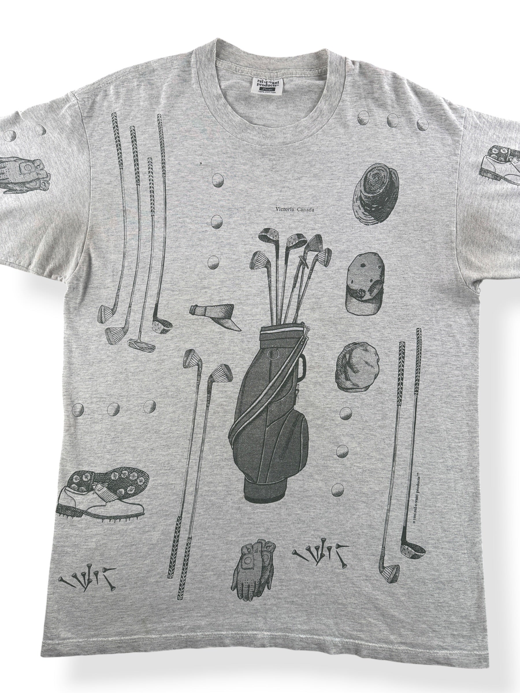 Front Close Up of Vintage Rel-e-vant Golf AOP Tee SZ L