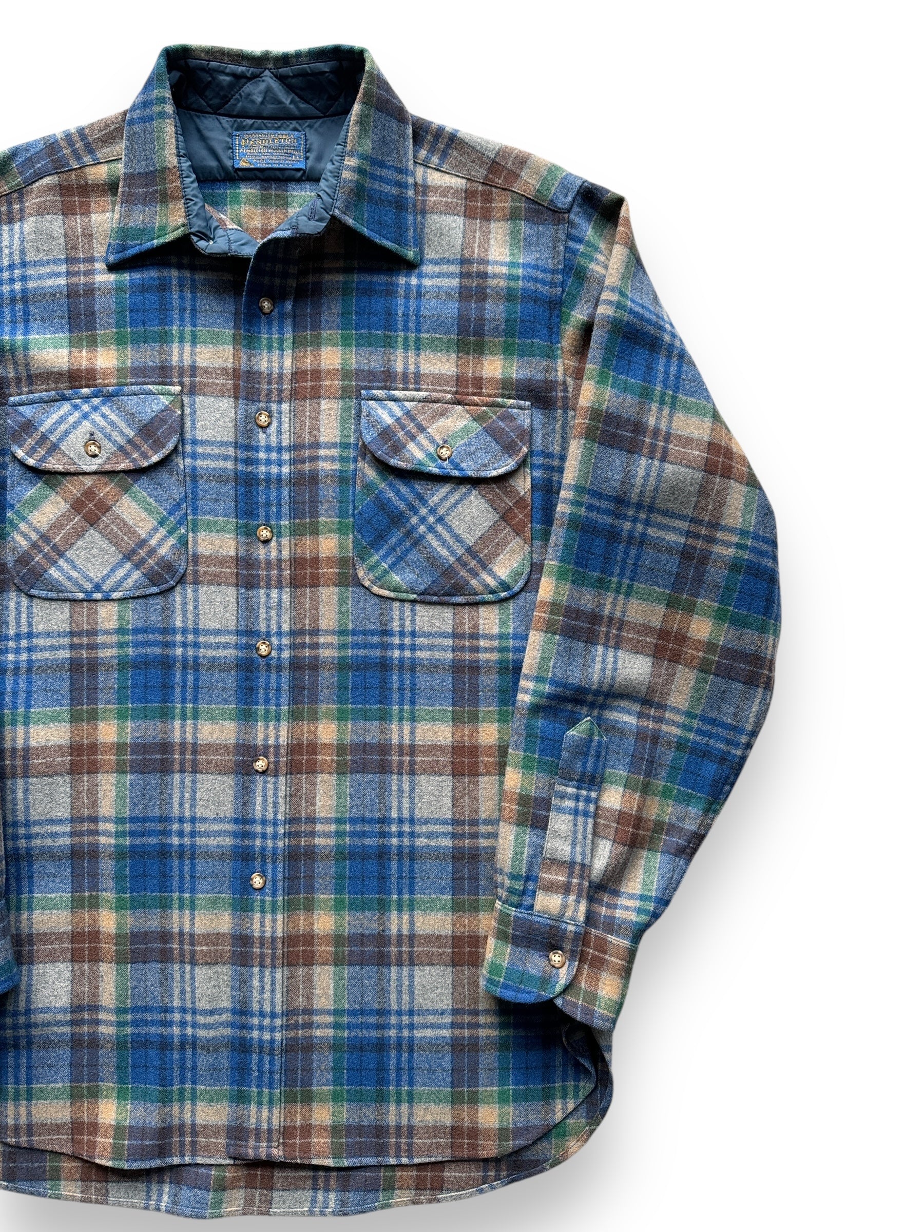 front left of Vintage Pendleton Blue/Green/Brown Plaid Flannel SZ L