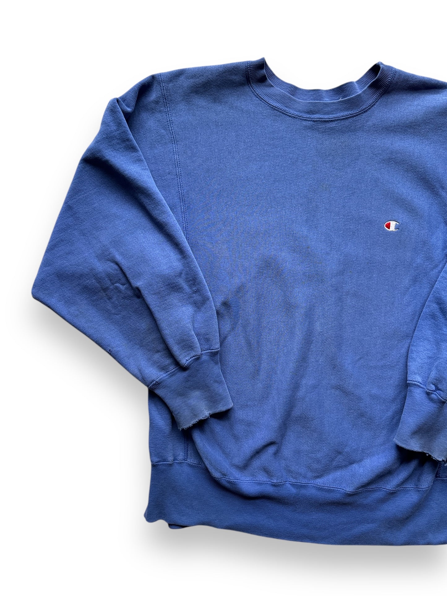 front right of Vintage Blue Blank Champion Reverse Weave Crewneck SZ L