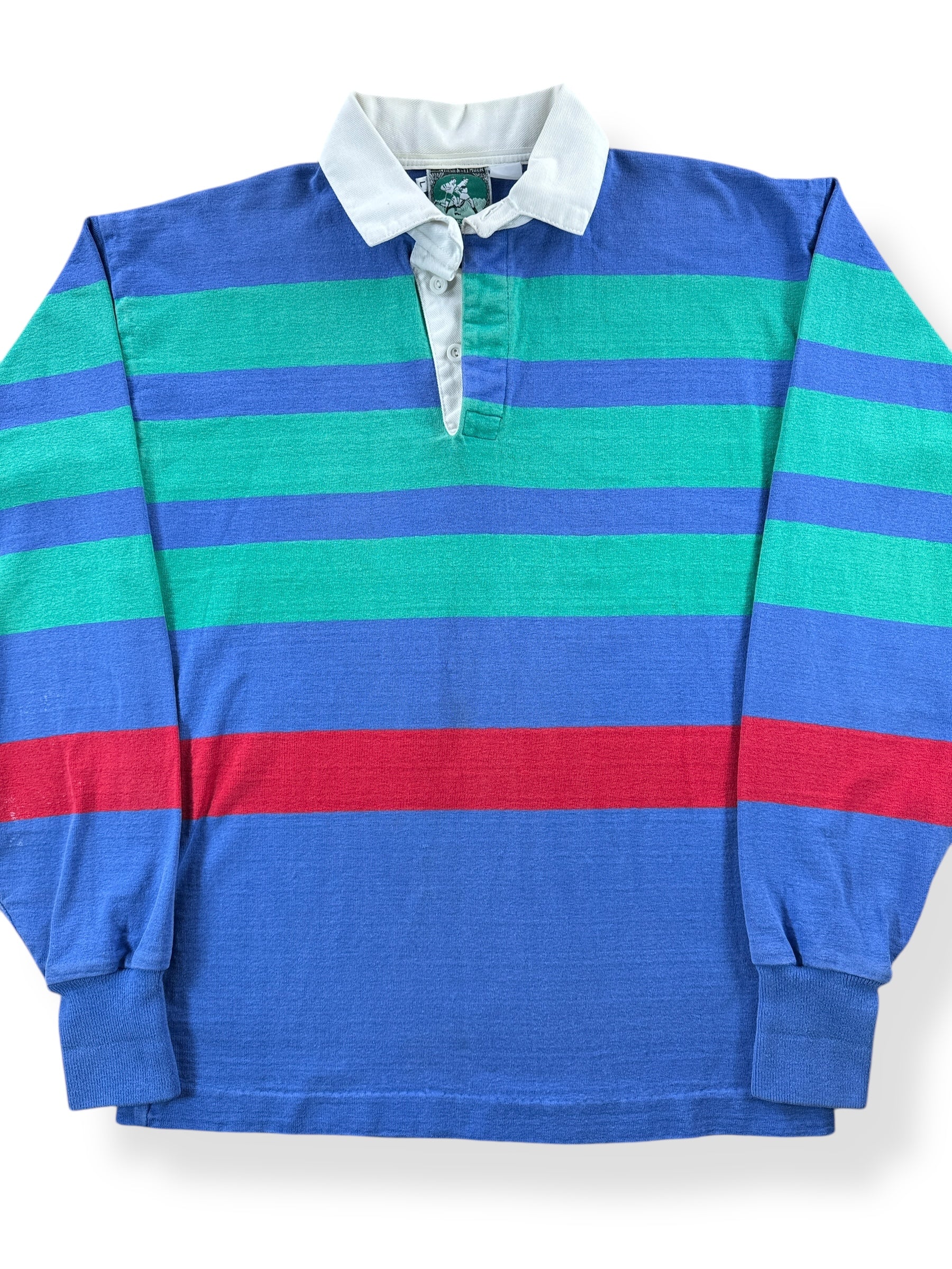Front Close Up of Vintage McIntosh & Seymour Striped Rugby Shirt SZ L