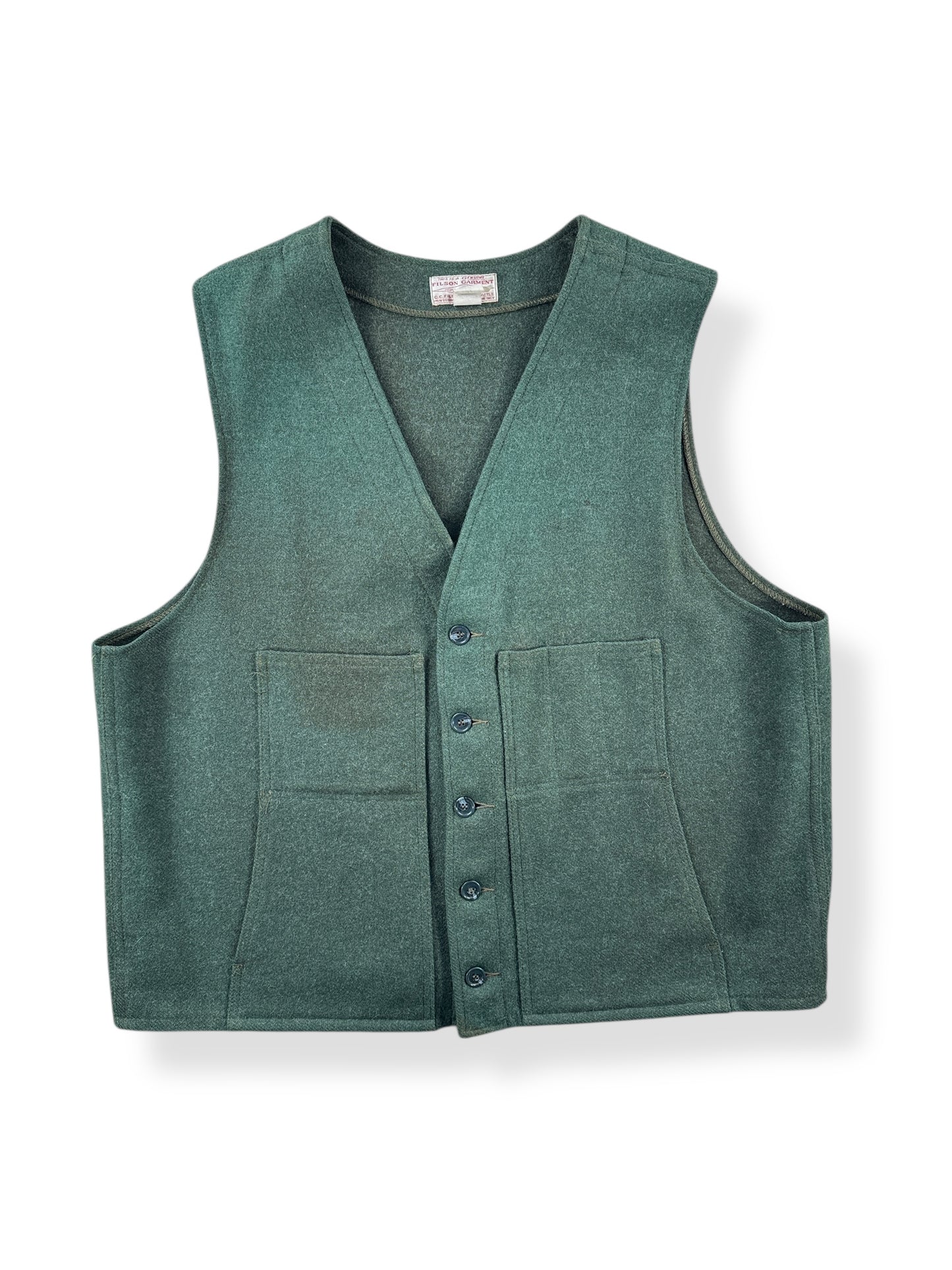 Front of Vintage Filson Mackinaw Wool Green Vest SZ 54