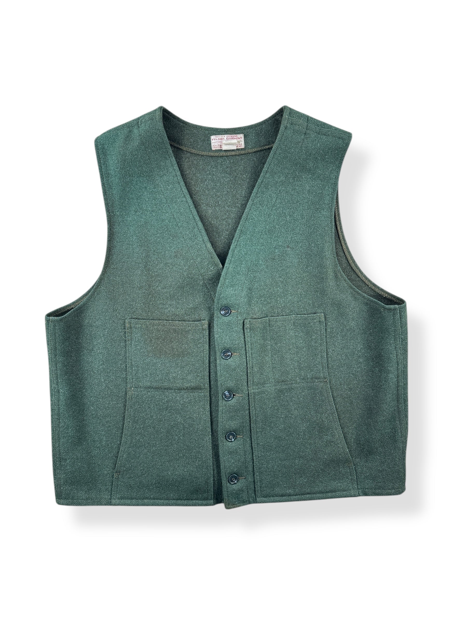 Front of Vintage Filson Mackinaw Wool Green Vest SZ 54