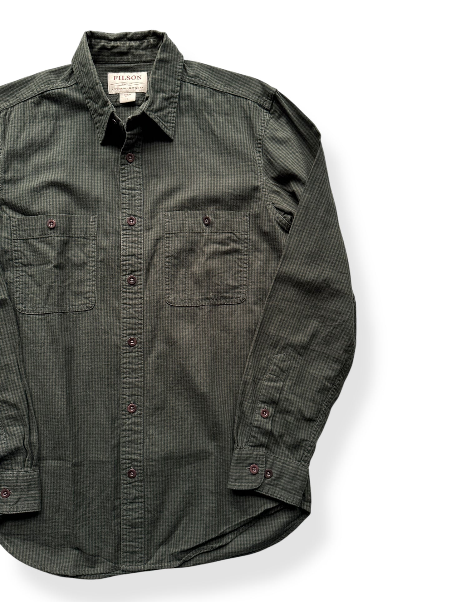 Front Left of Filson Forest Brown Button Up Shirt SZ S