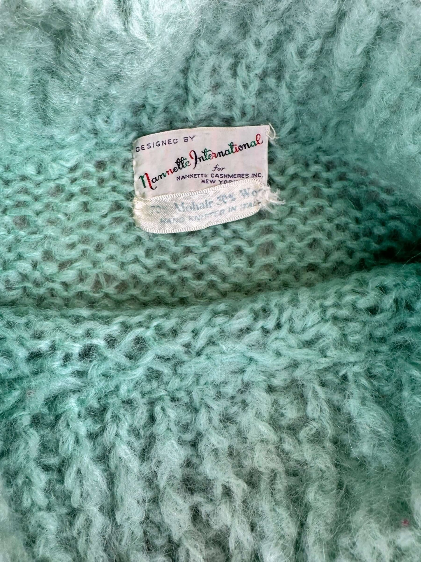 Tag of 1950s Nanette Mint Mohair Cowl Neck Sweater L