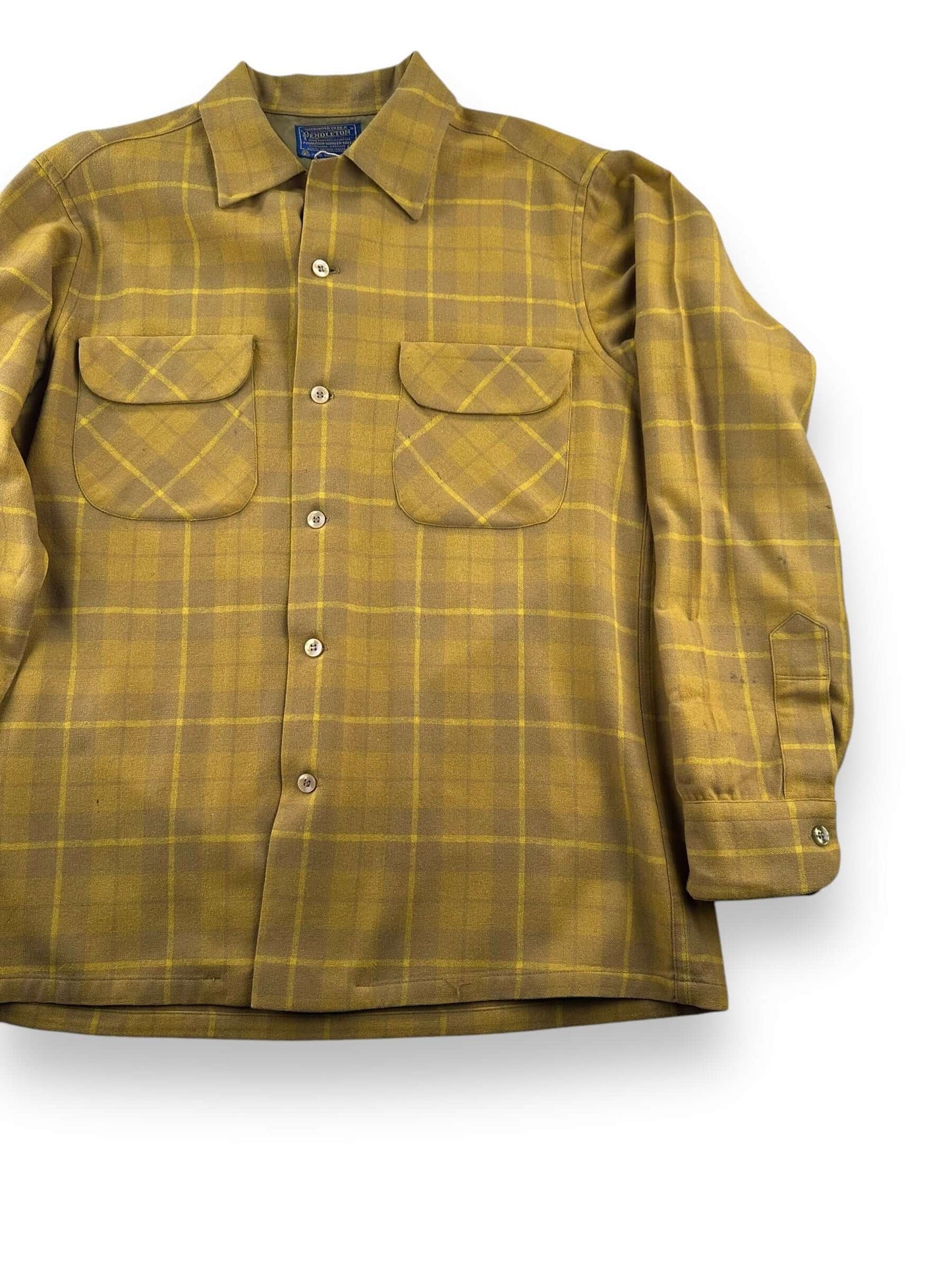 front left of Vintage Pendleton Mustard Plaid Wool Board Shirt SZ M