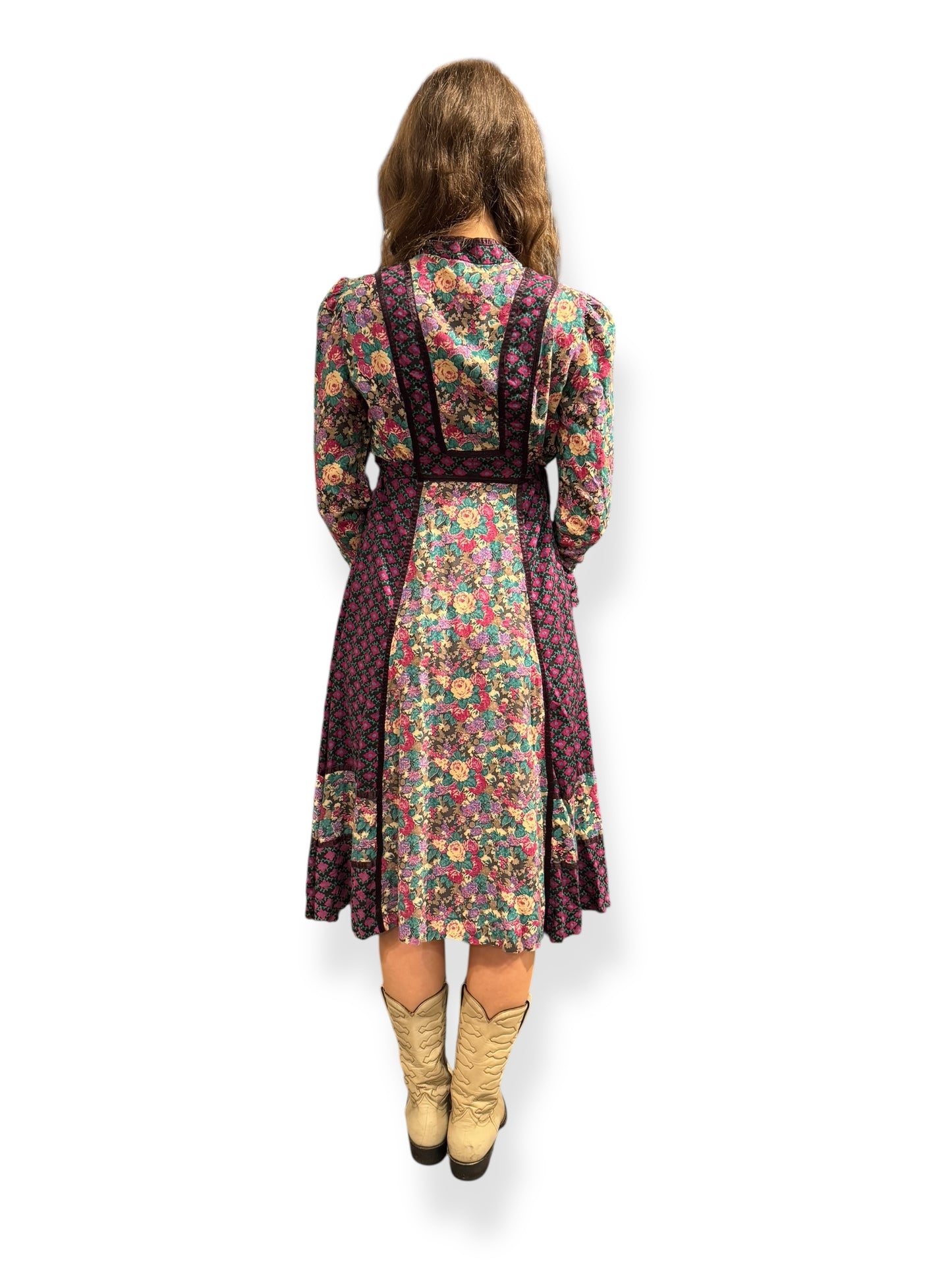 Back view of 1970s Patchwork Floral Dress S-M