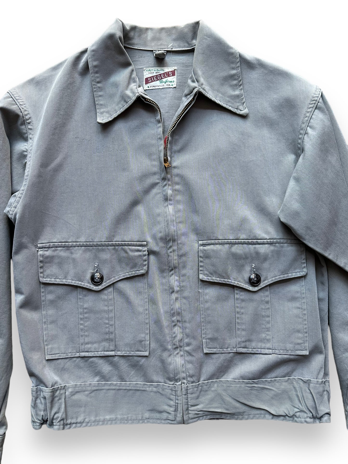 Front Detail on Vintage Grey Chainstitched Siegels Uniform Workwear Jacket SZ M | Vintage Workwear Seattle | Barn Owl Vintage Goods