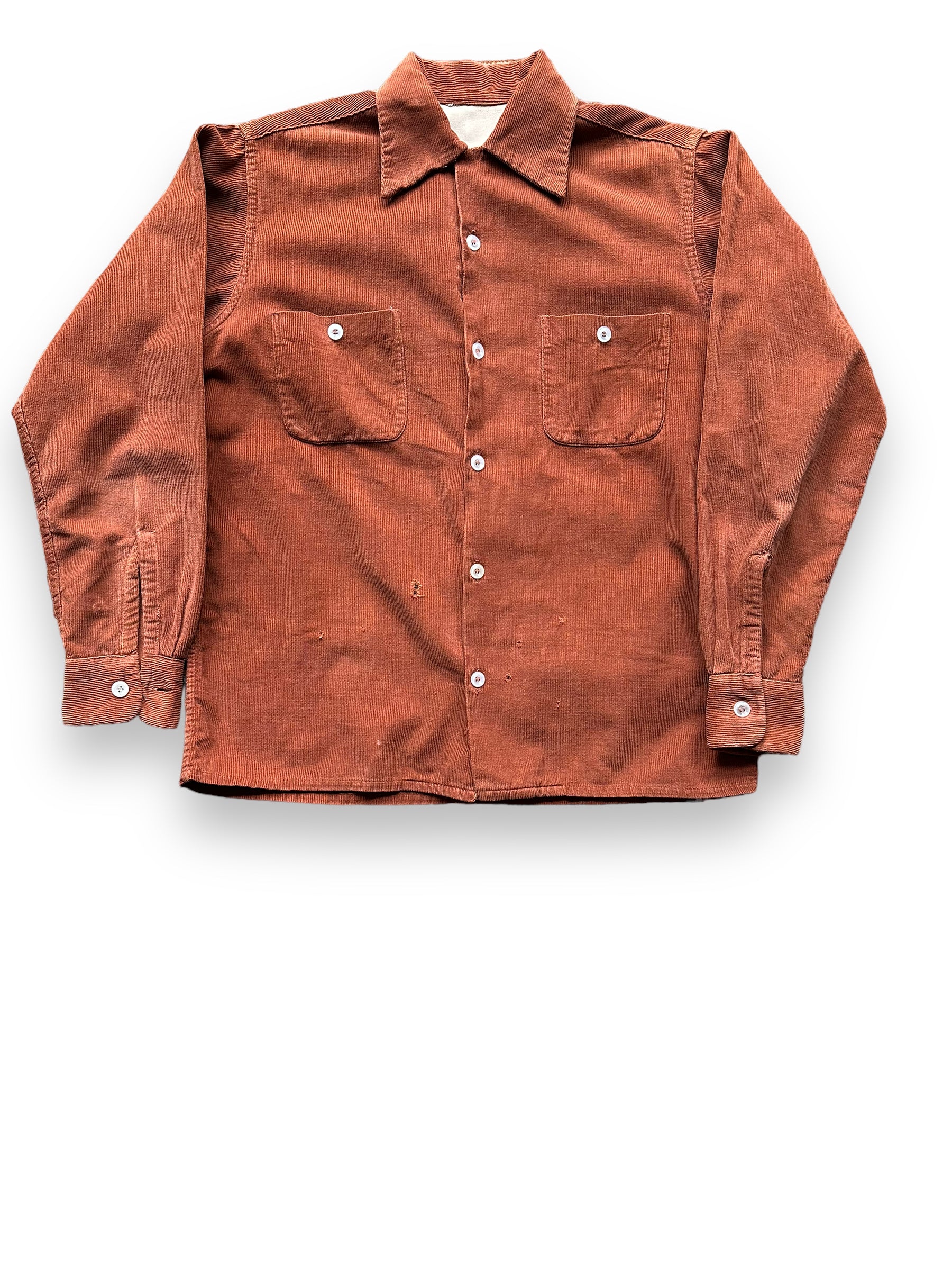 Front View of Vintage Rust Colored Corduroy Loop Collar Shirt  SZ M | Vintage Loop Collar Shirt Seattle | Barn Owl Vintage Seattle